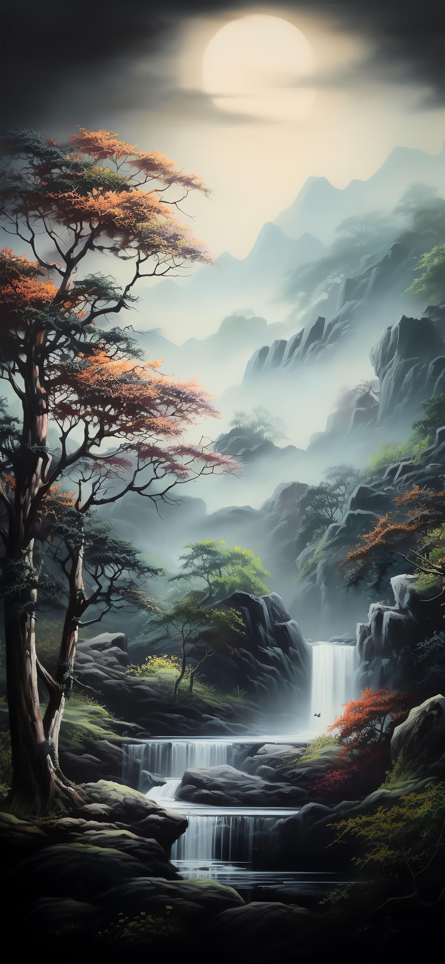 Moonlit Mountain Waterfall - Pro phone wallpaper