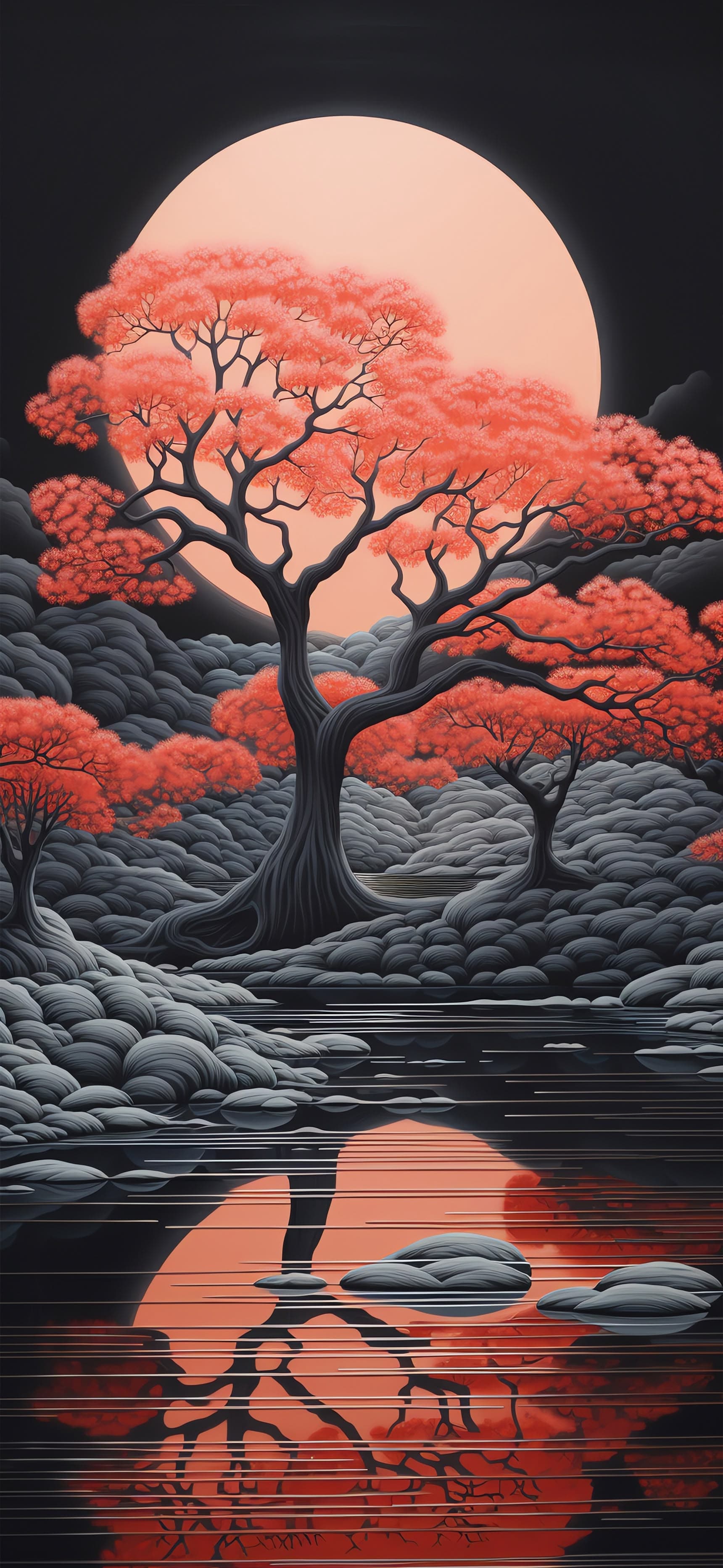 Red Moonlit Tree - Pro phone wallpaper