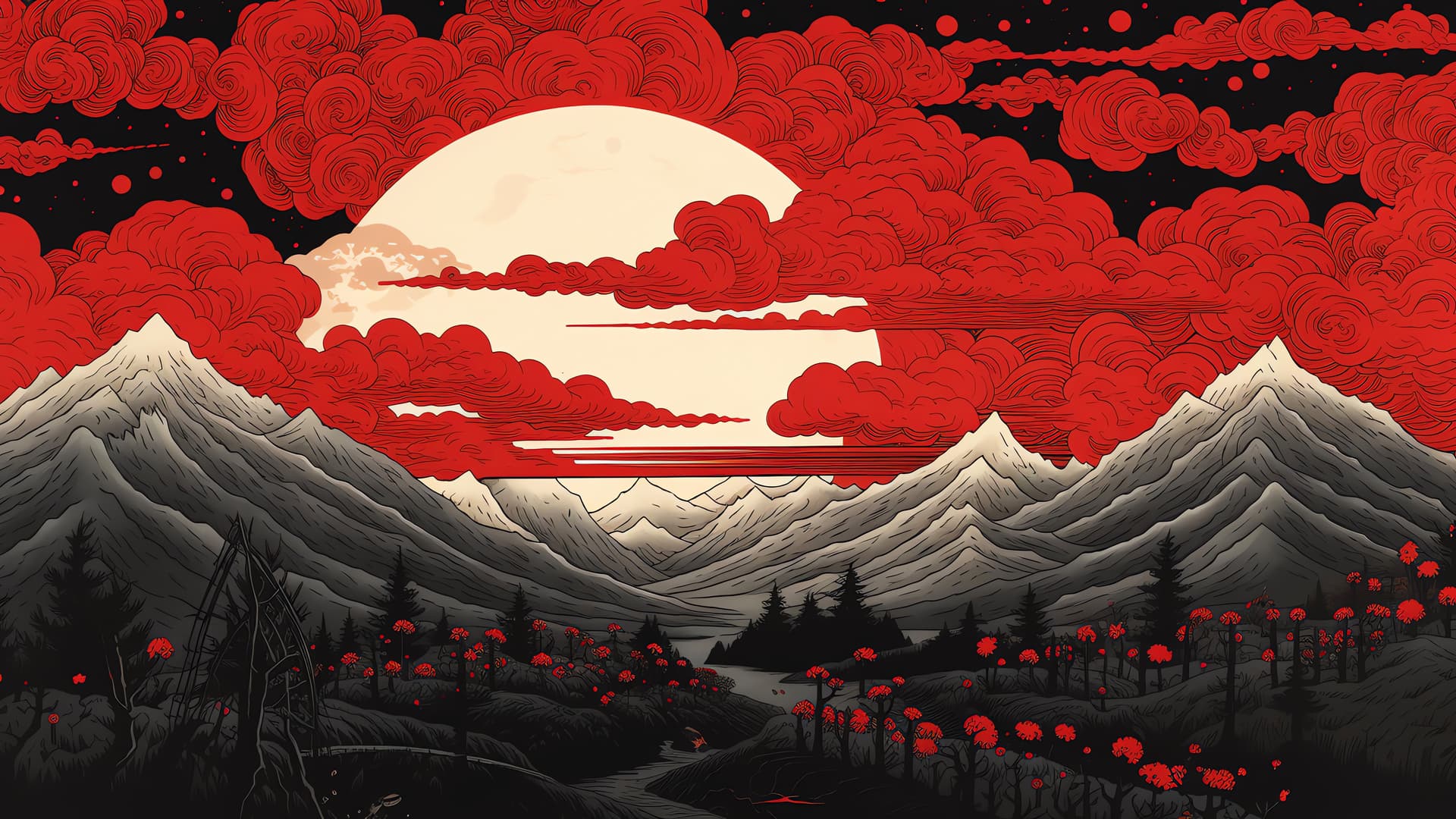 Red Moonlit Mountains - free desktop wallpaper