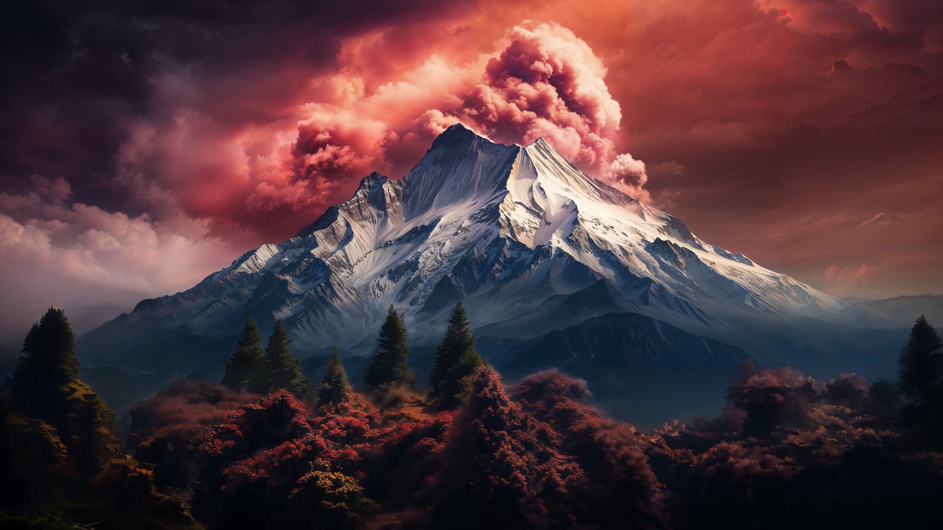 Crimson Sky Over Mountains - Pro desktop wallpaper