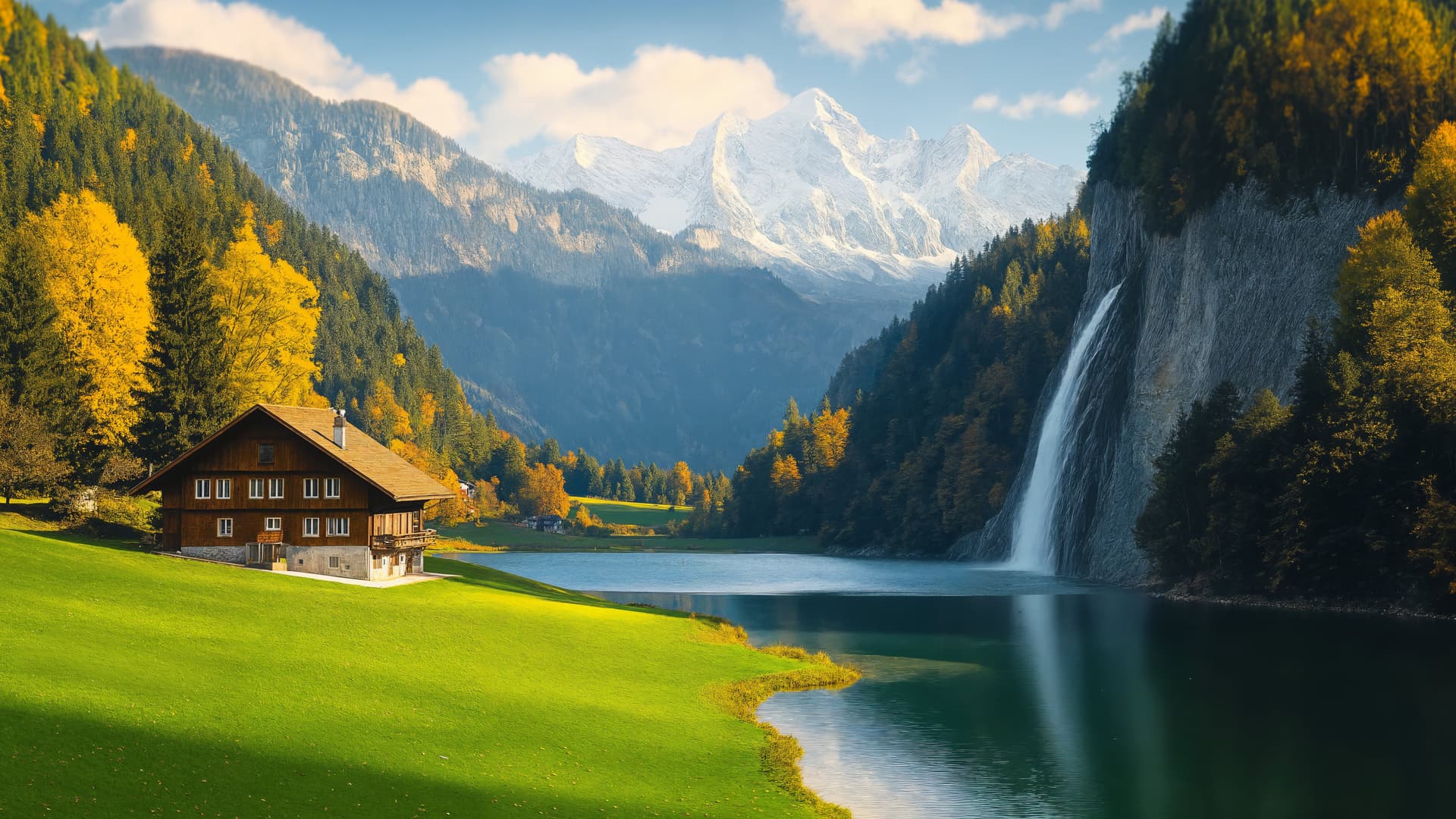 Waterfall and Cabin - Pro desktop wallpaper