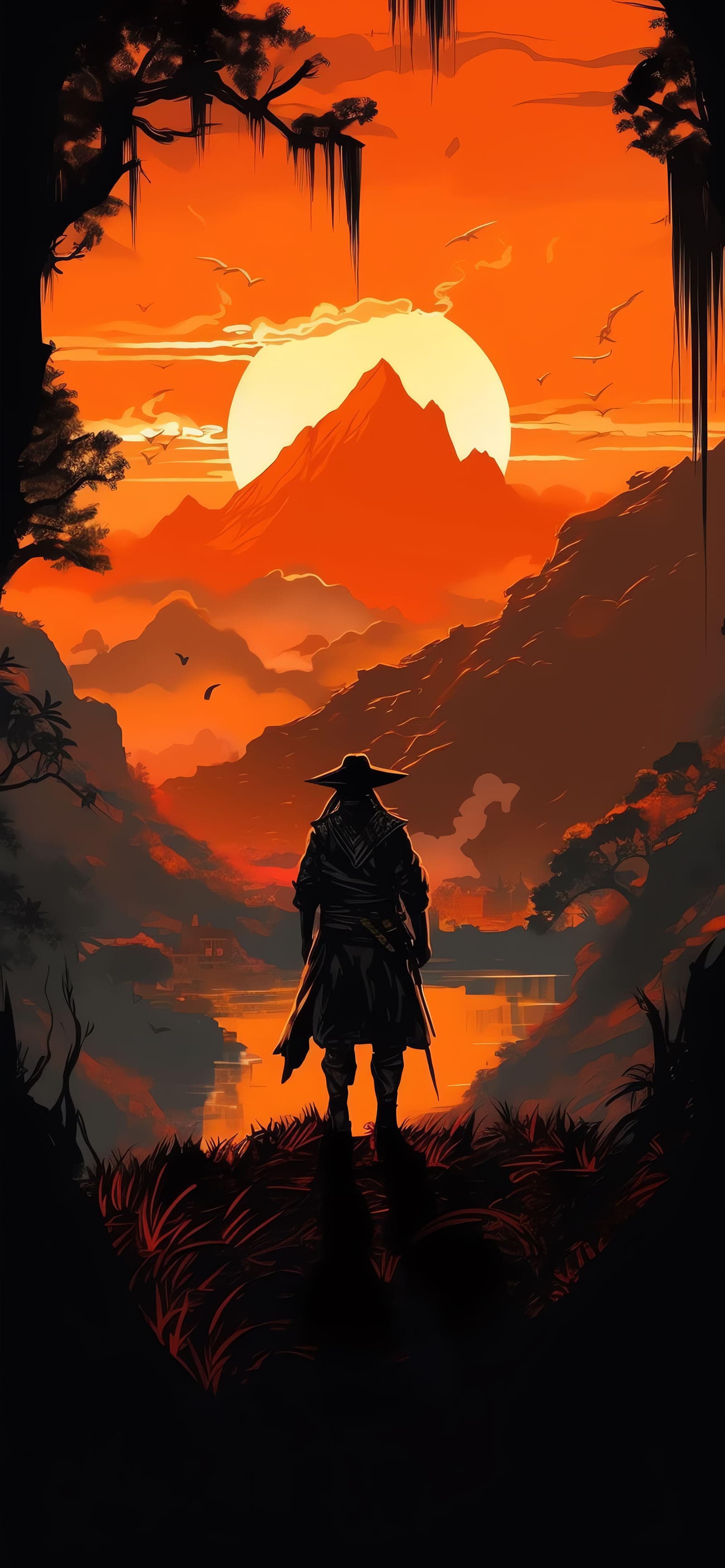Samurai Sunset - Pro phone wallpaper