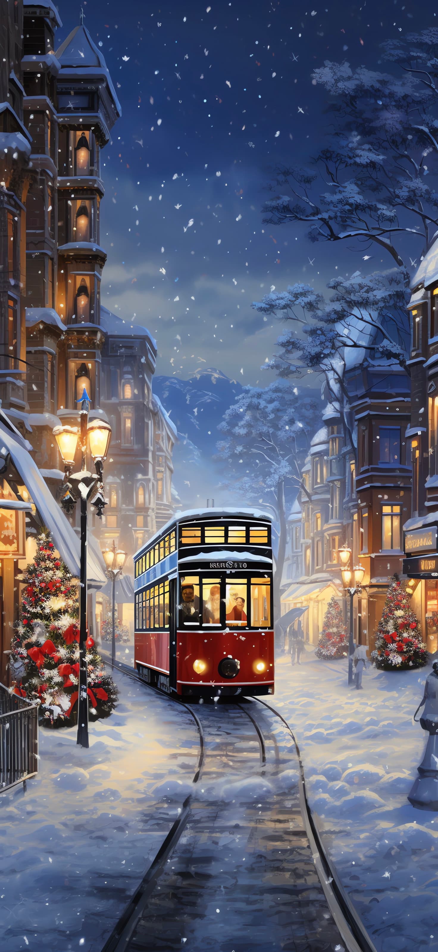 Snowy City Tram - Pro phone wallpaper
