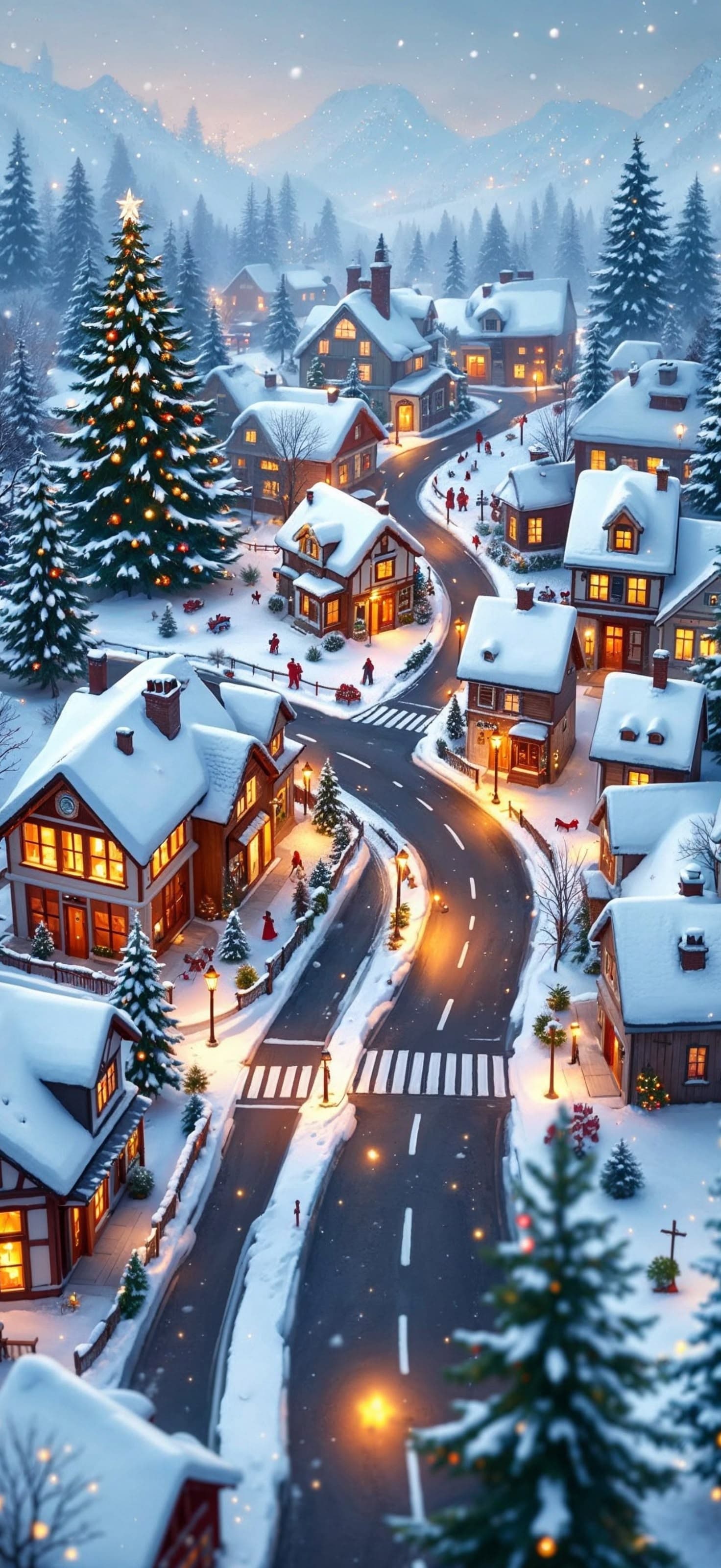 Snowy Village Scene - Pro phone wallpaper