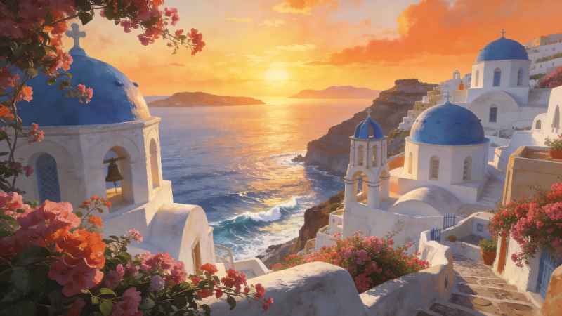 Santorini Sunset View - Pro desktop wallpaper download