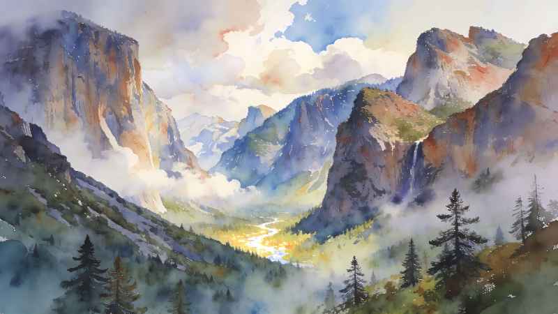 Watercolor Mountain Vista - free desktop wallpaper download
