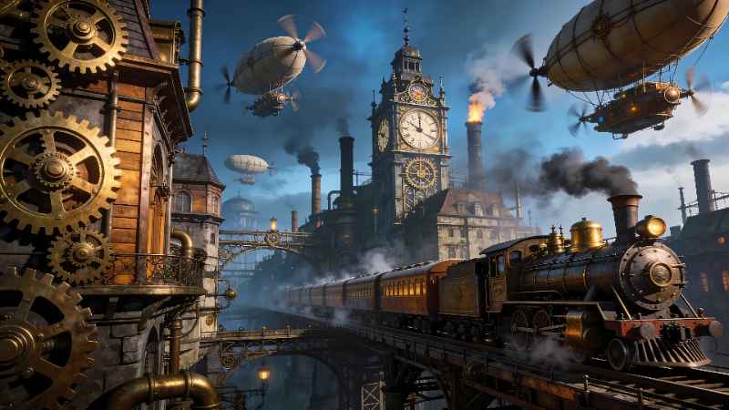 Steampunk Cityscape Train - free desktop wallpaper download
