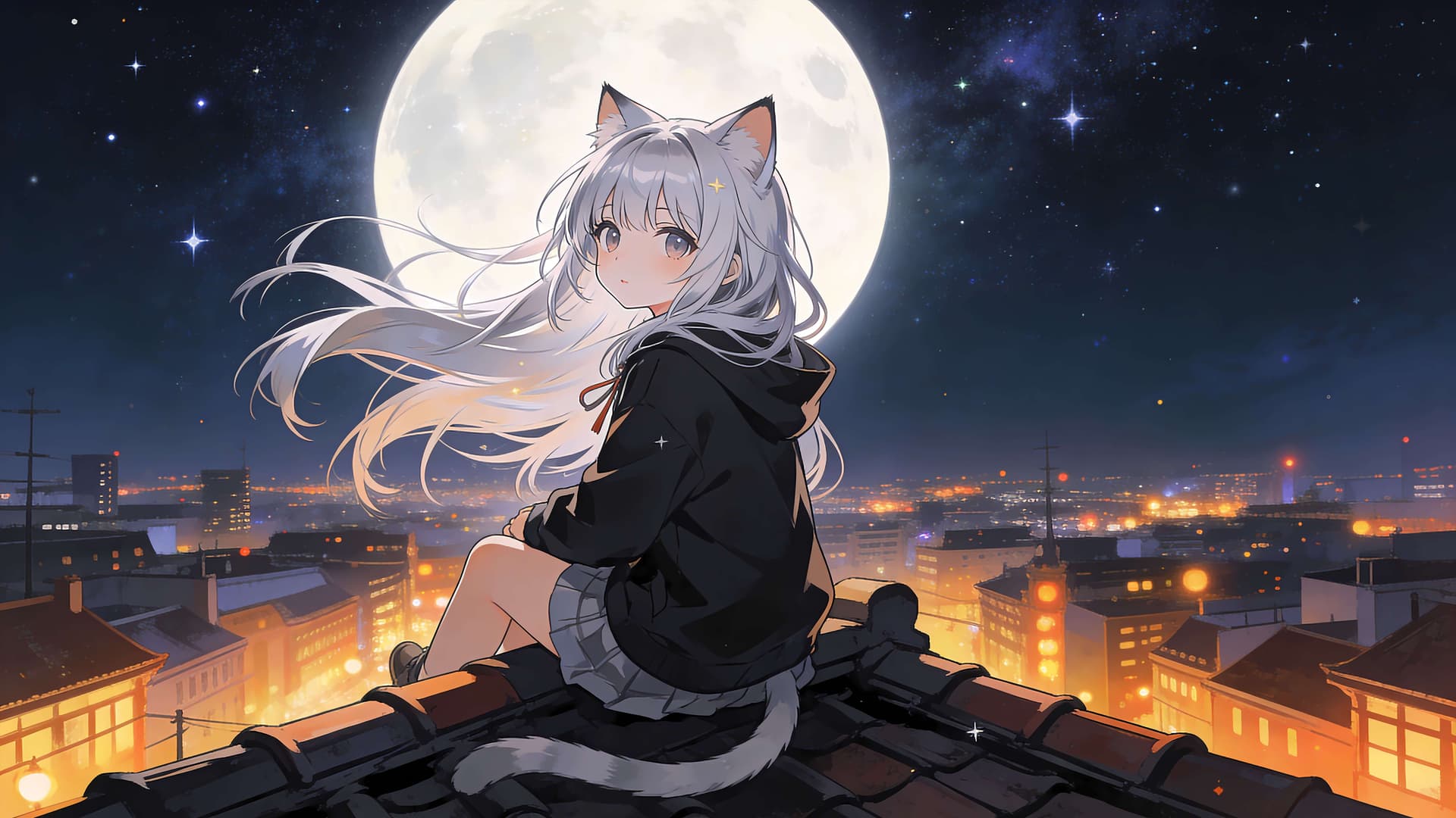 Moonlit Rooftop Reverie - free desktop wallpaper
