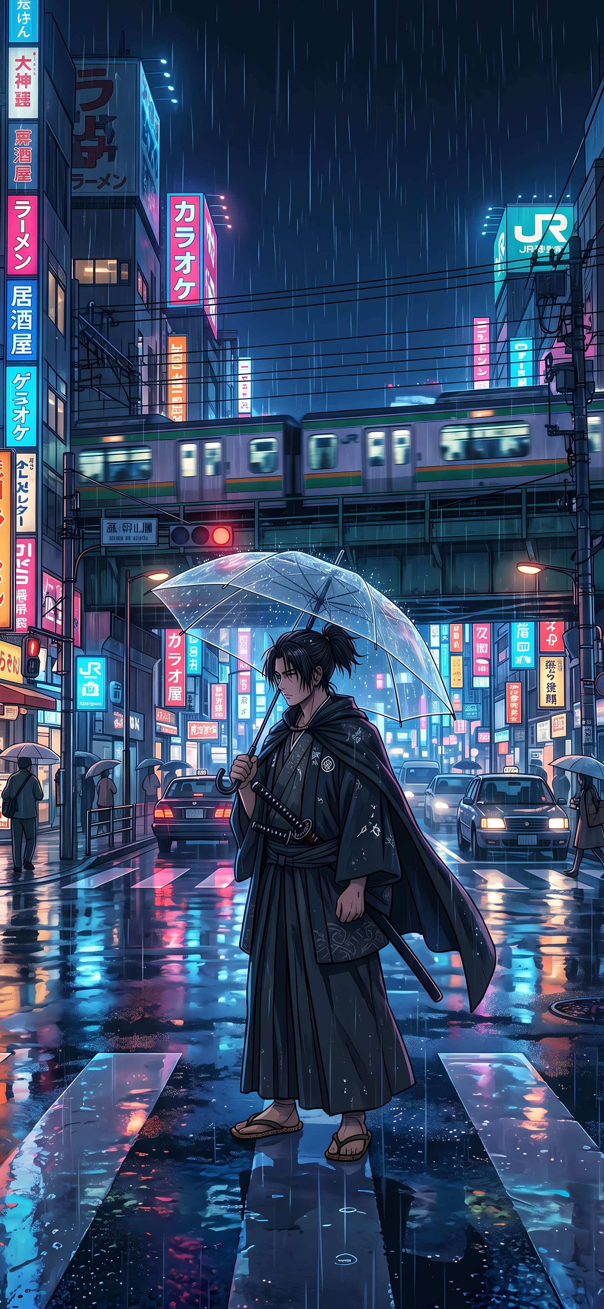 Neon Rain Samurai - free phone wallpaper