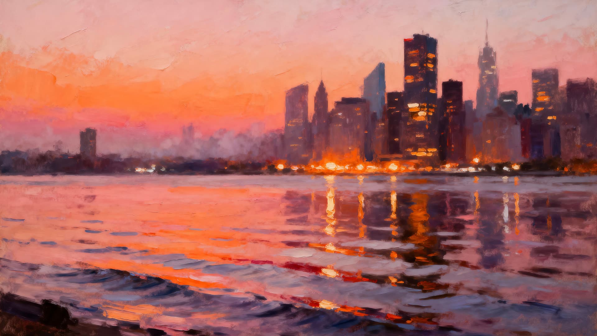 City Sunset Painting - free desktop wallpaper