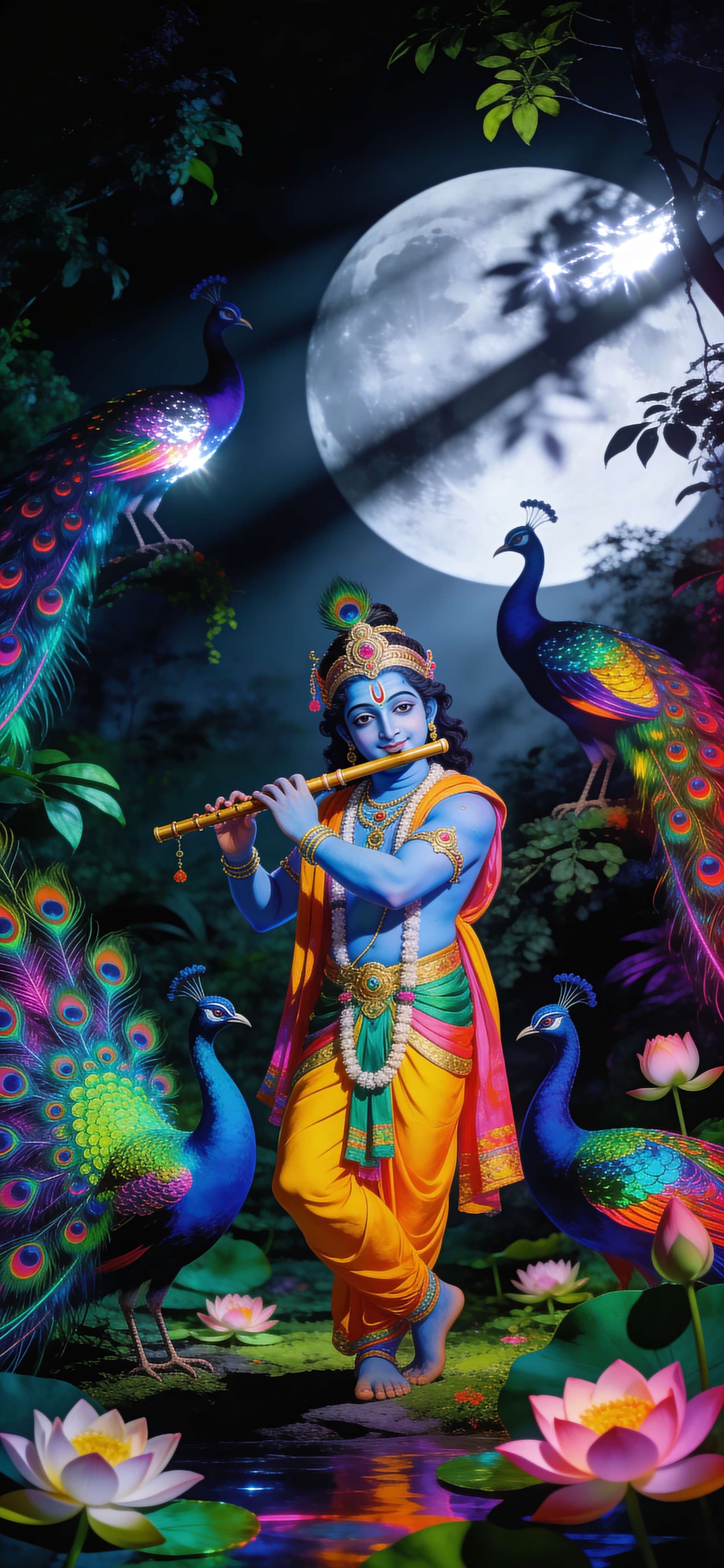 Krishna and Peacocks - Pro phone wallpaper