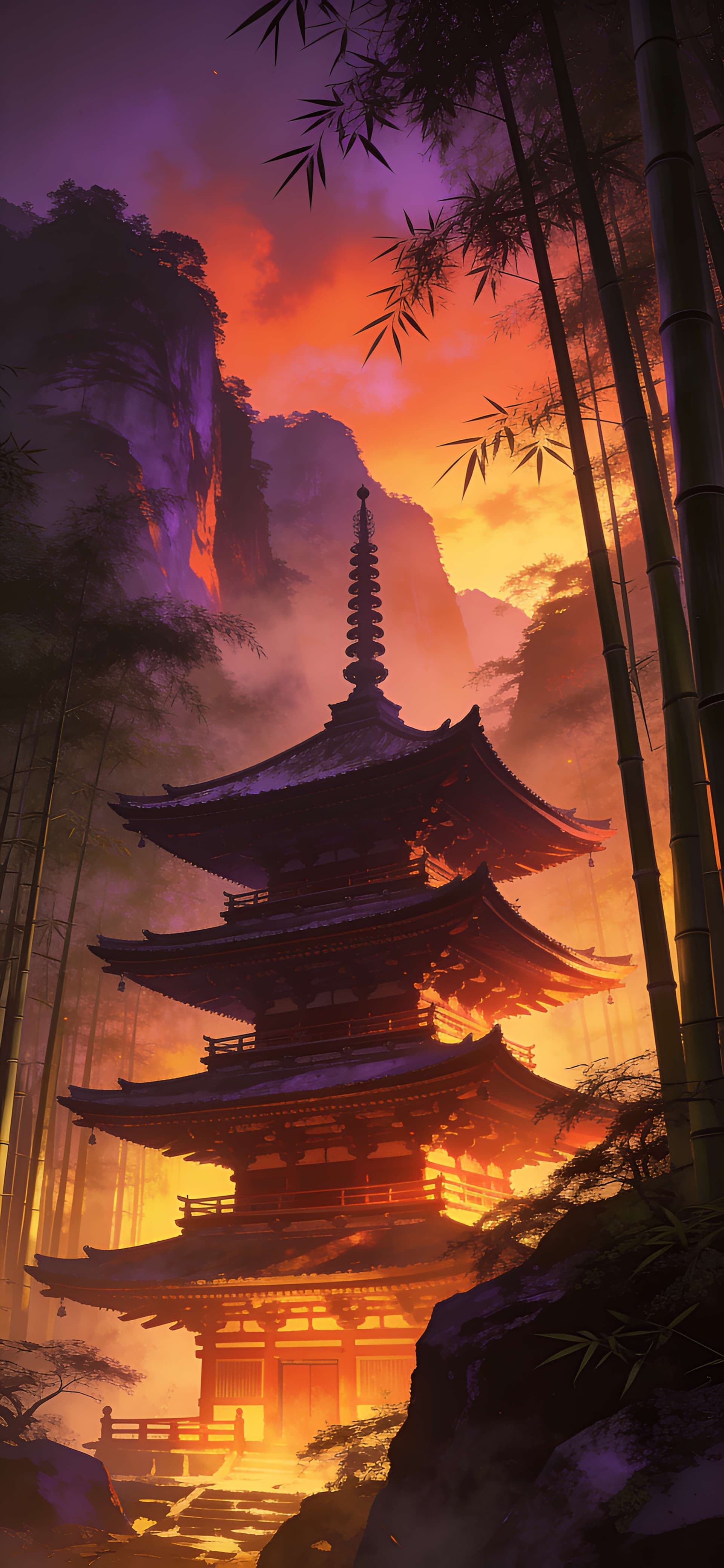 Sunset Bamboo Pagoda - free phone wallpaper