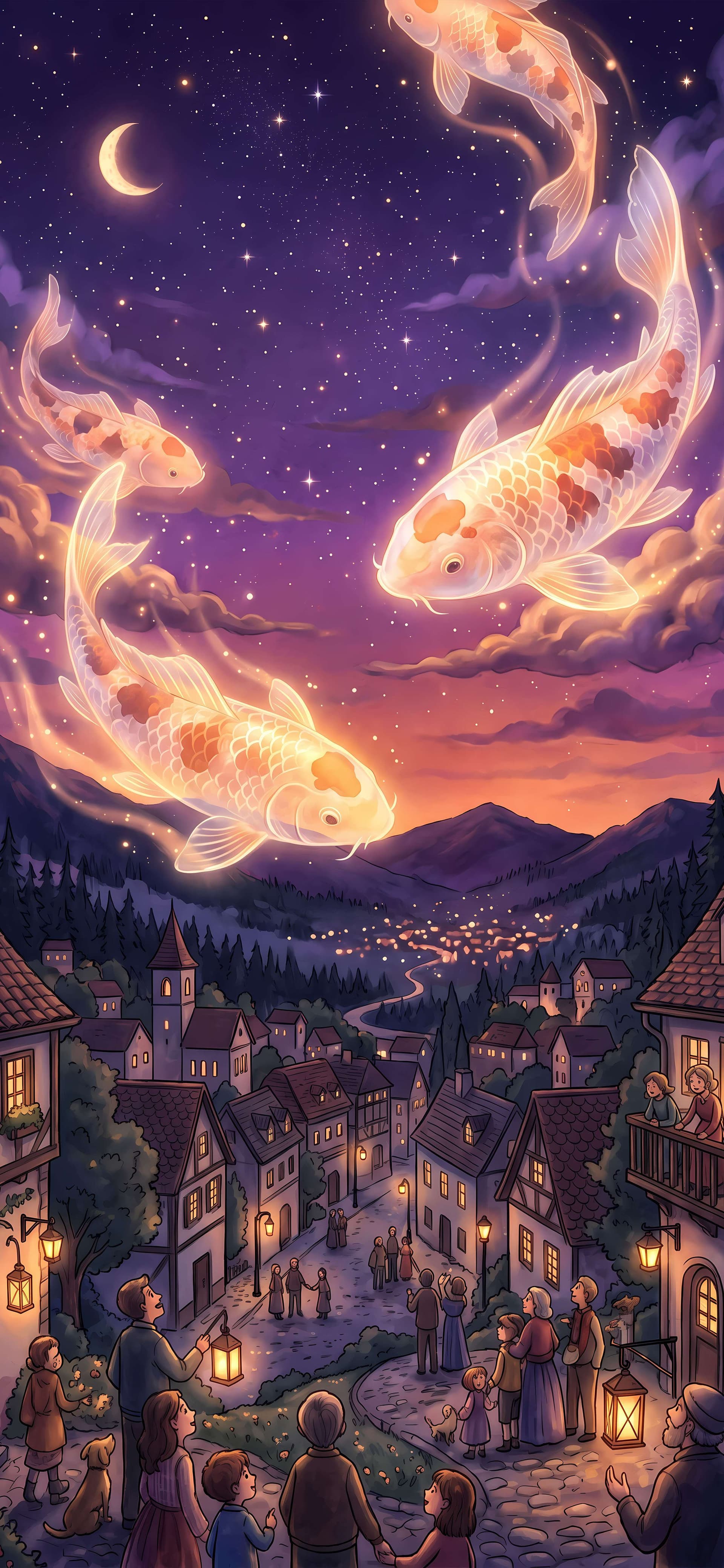 Celestial Koi Village - Pro phone wallpaper