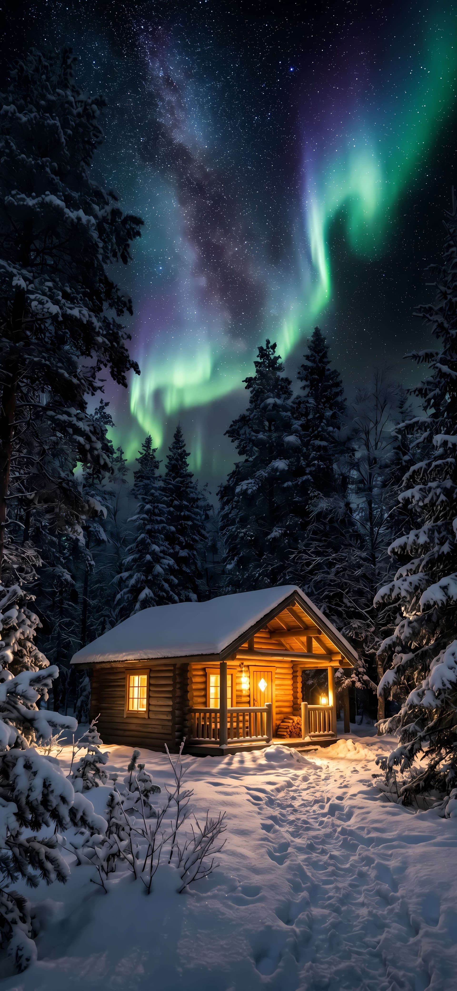 Aurora Winter Cabin - free phone wallpaper