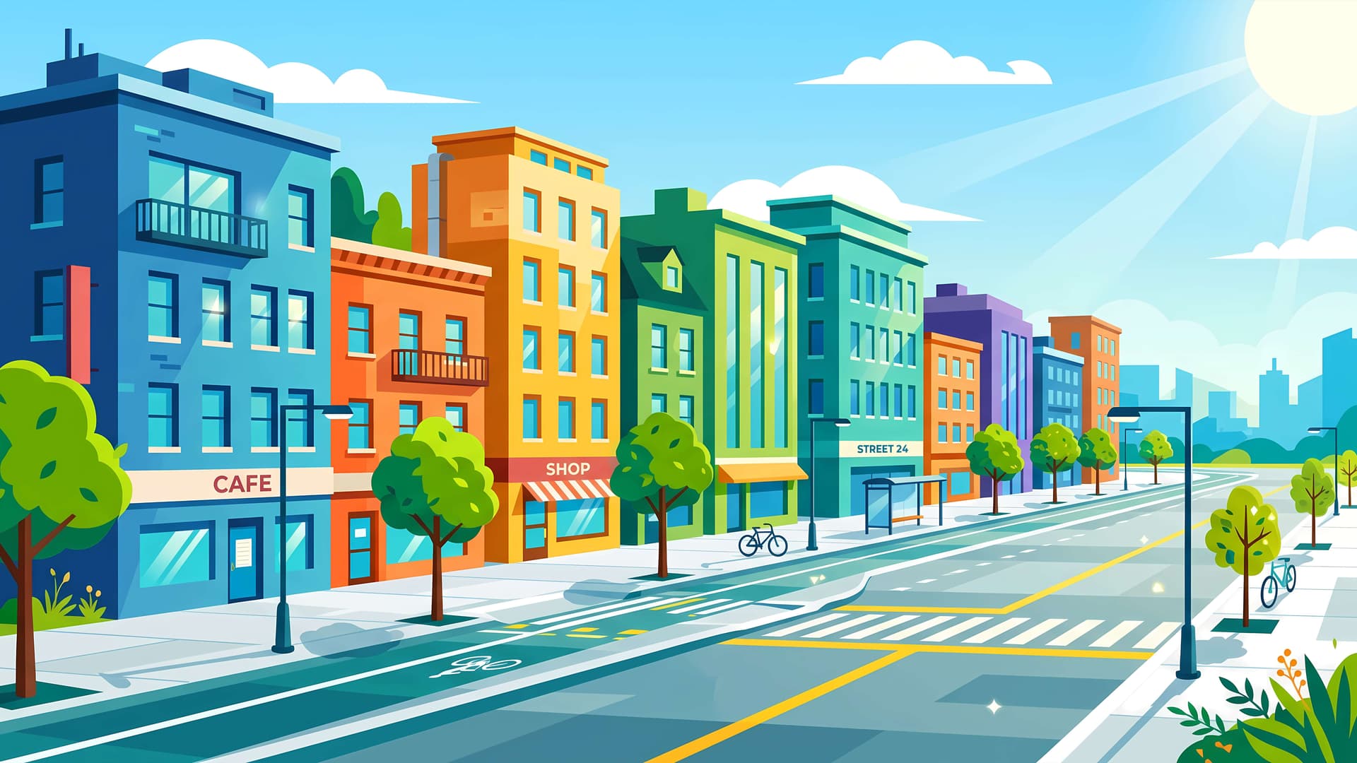 Sunny City Street - free desktop wallpaper