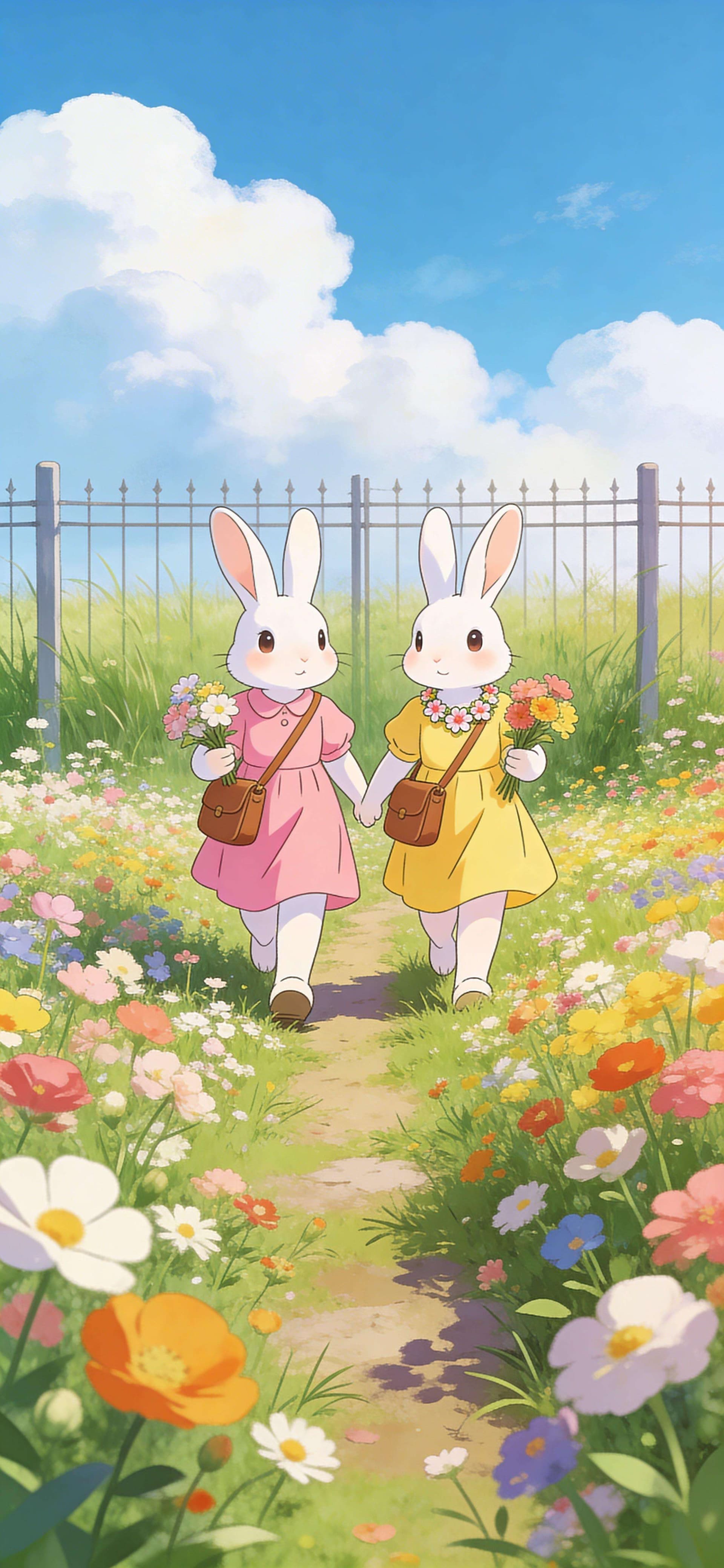 Bunny Flower Field - Pro phone wallpaper
