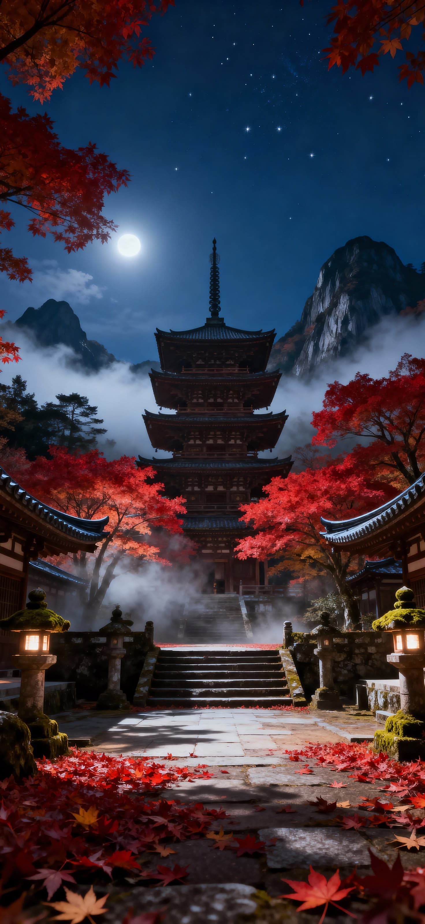 Moonlit Pagoda Garden 3 - free phone wallpaper