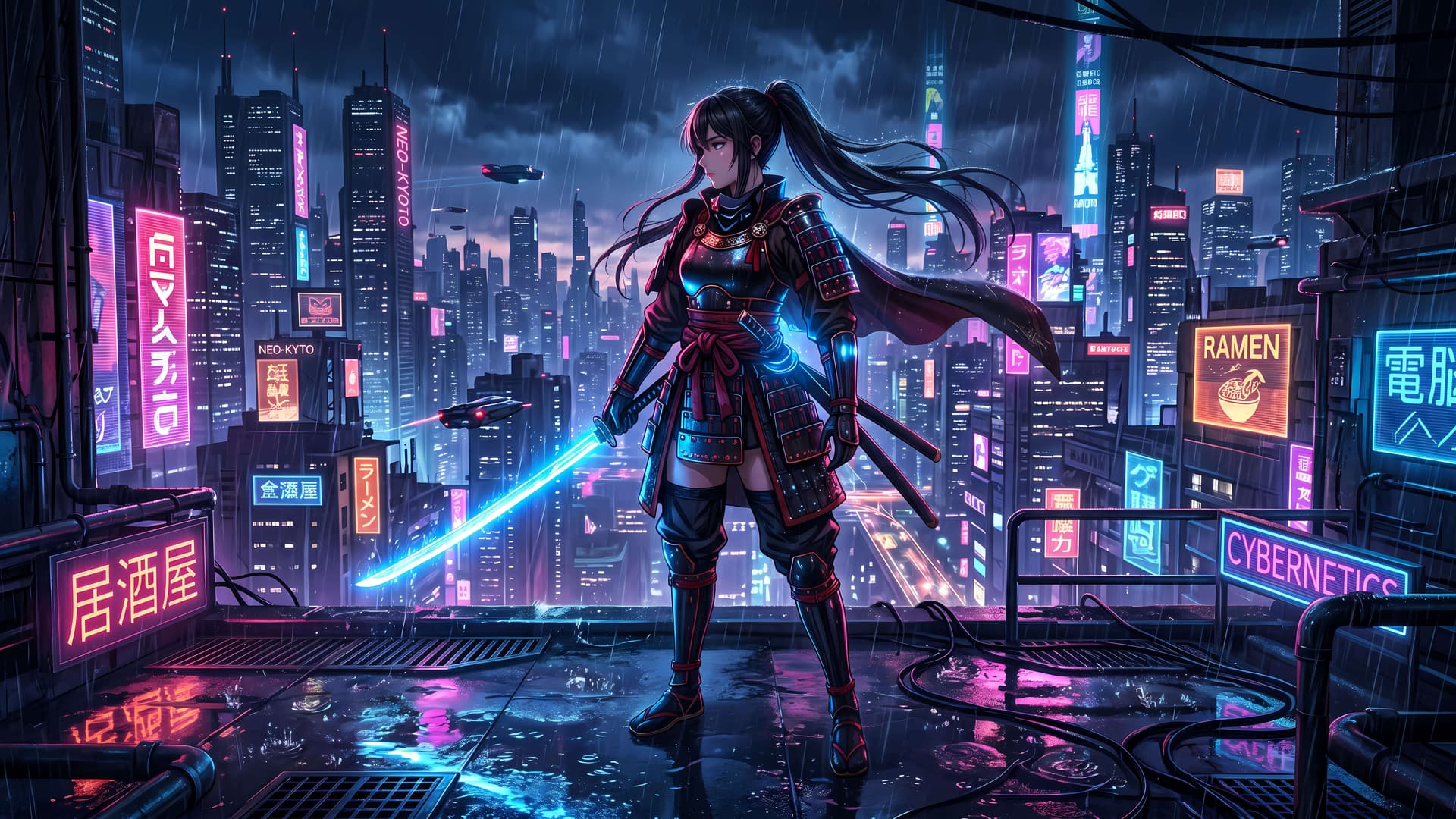 Cyberpunk Samurai Rain - free desktop wallpaper