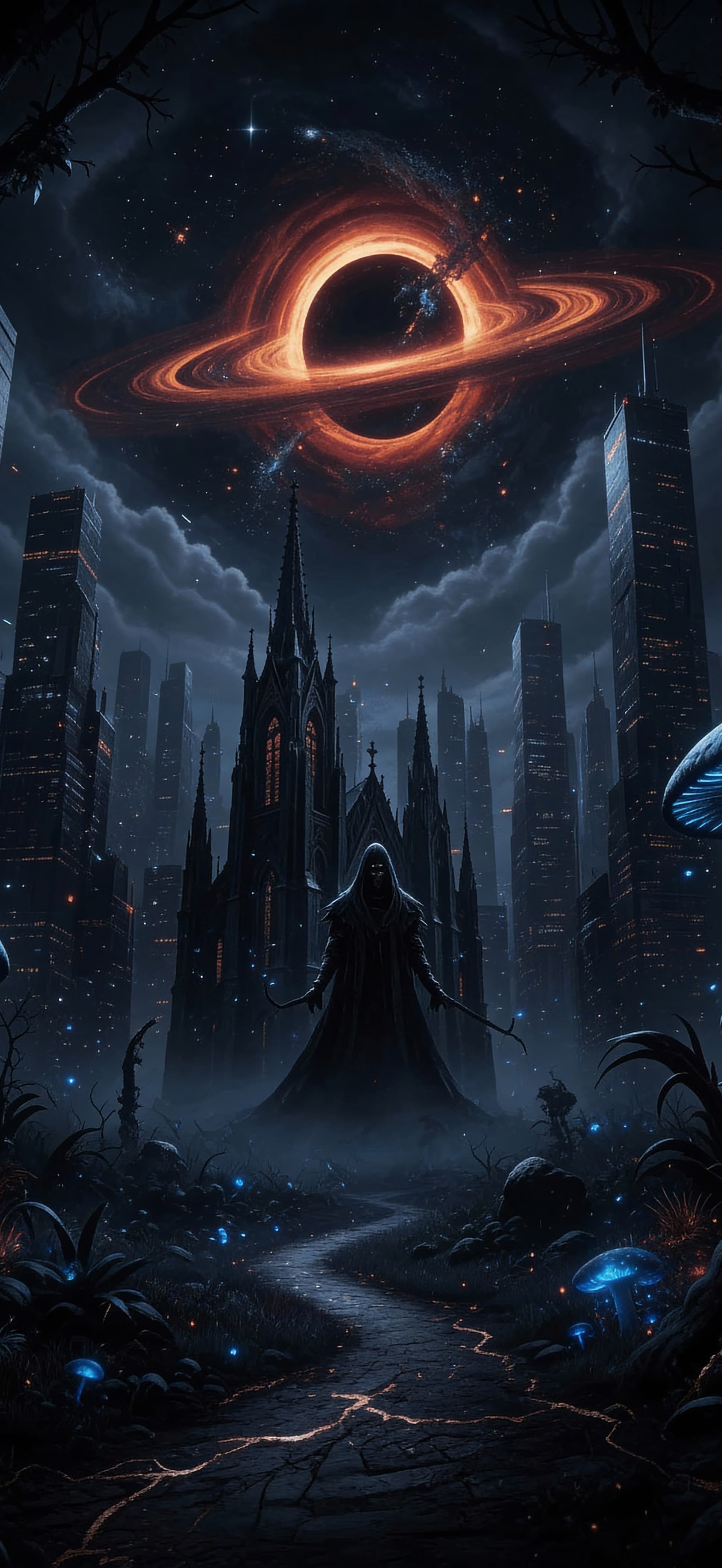 Cosmic Cityscape Horror - free phone wallpaper