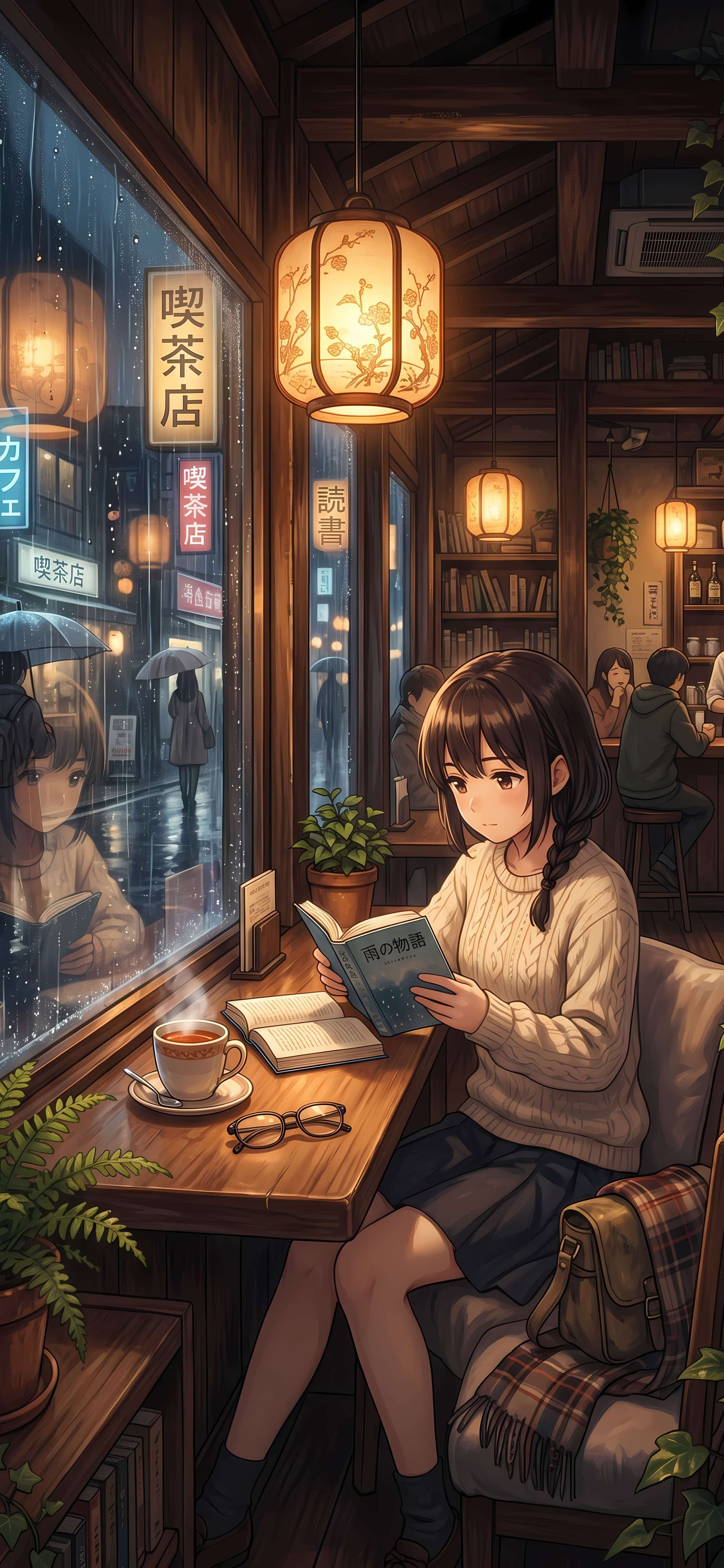Rainy Cafe Reading - Pro phone wallpaper