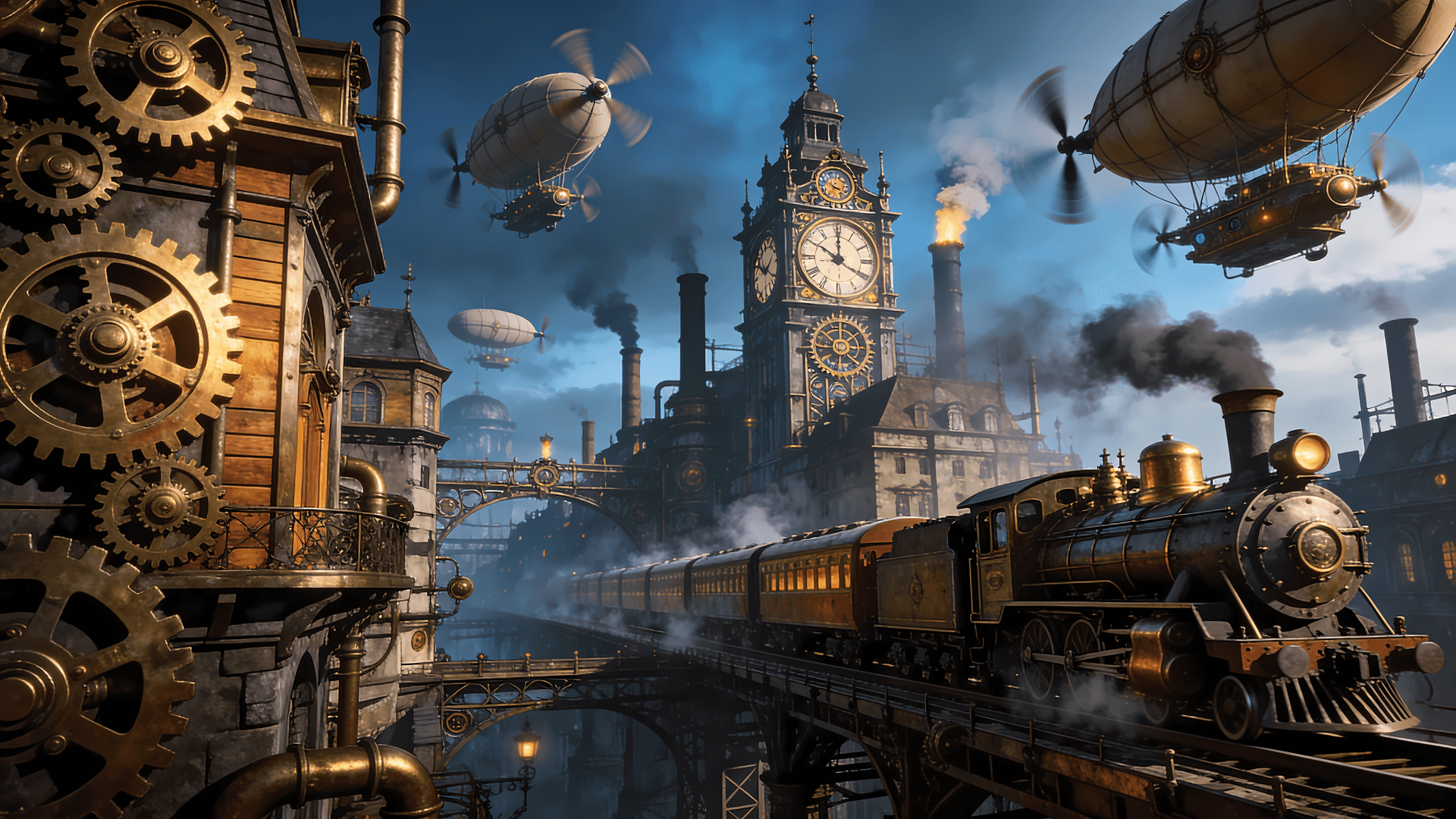 Steampunk Cityscape Train - free desktop wallpaper