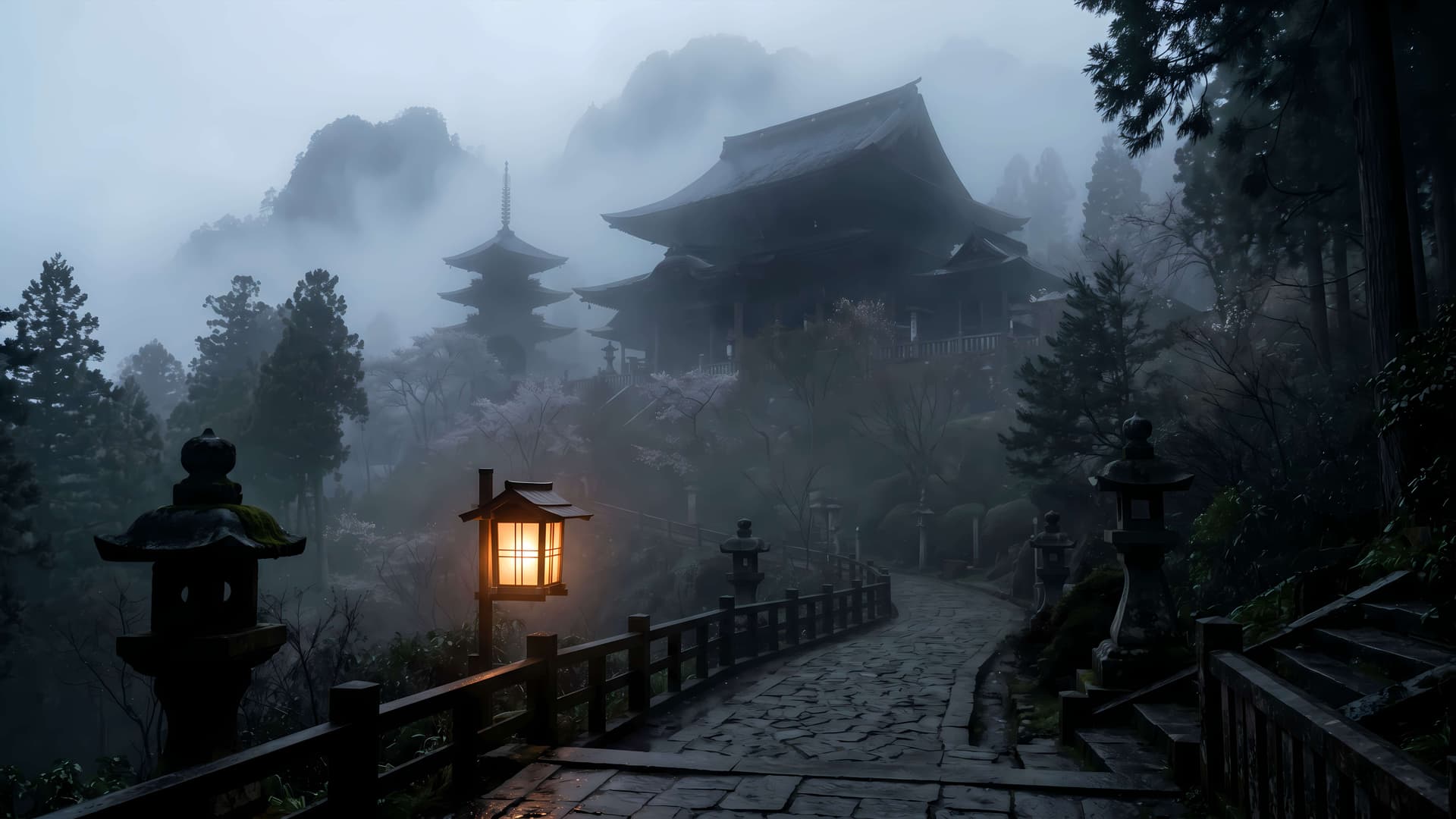 Misty Temple Path - free desktop wallpaper