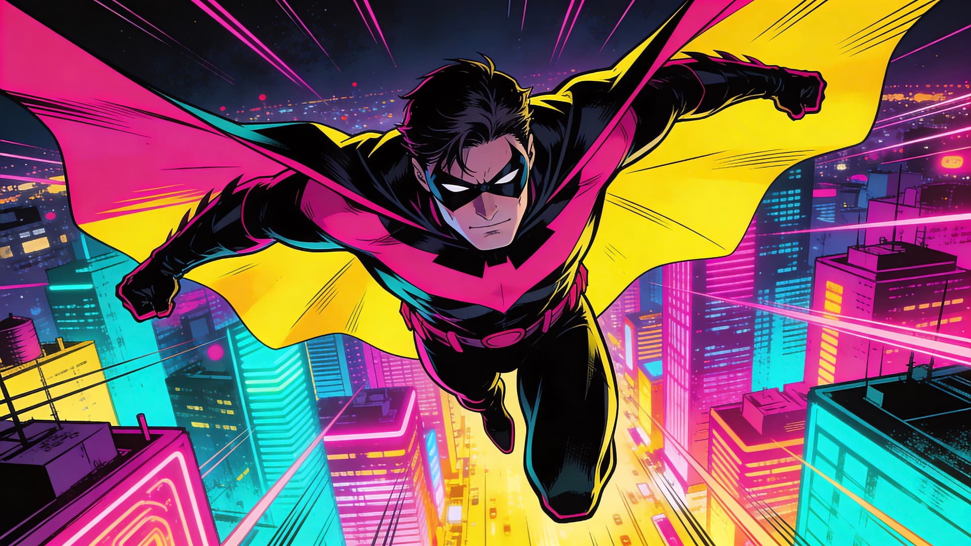 Neon Superhero Flight - free desktop wallpaper
