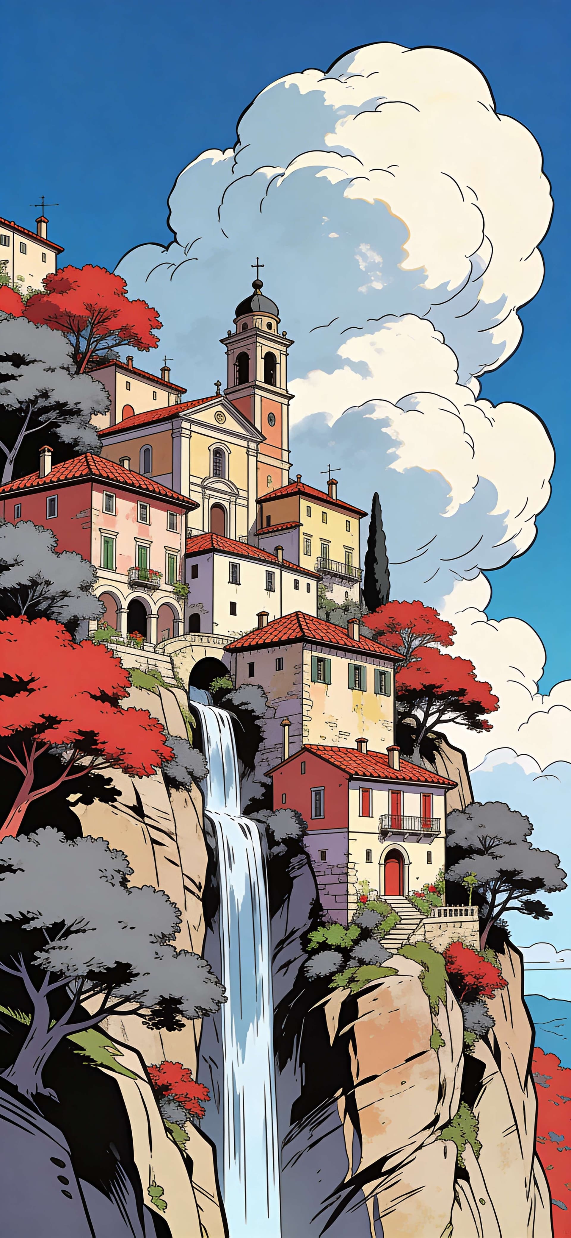 Cliffside Waterfall Village - free phone wallpaper