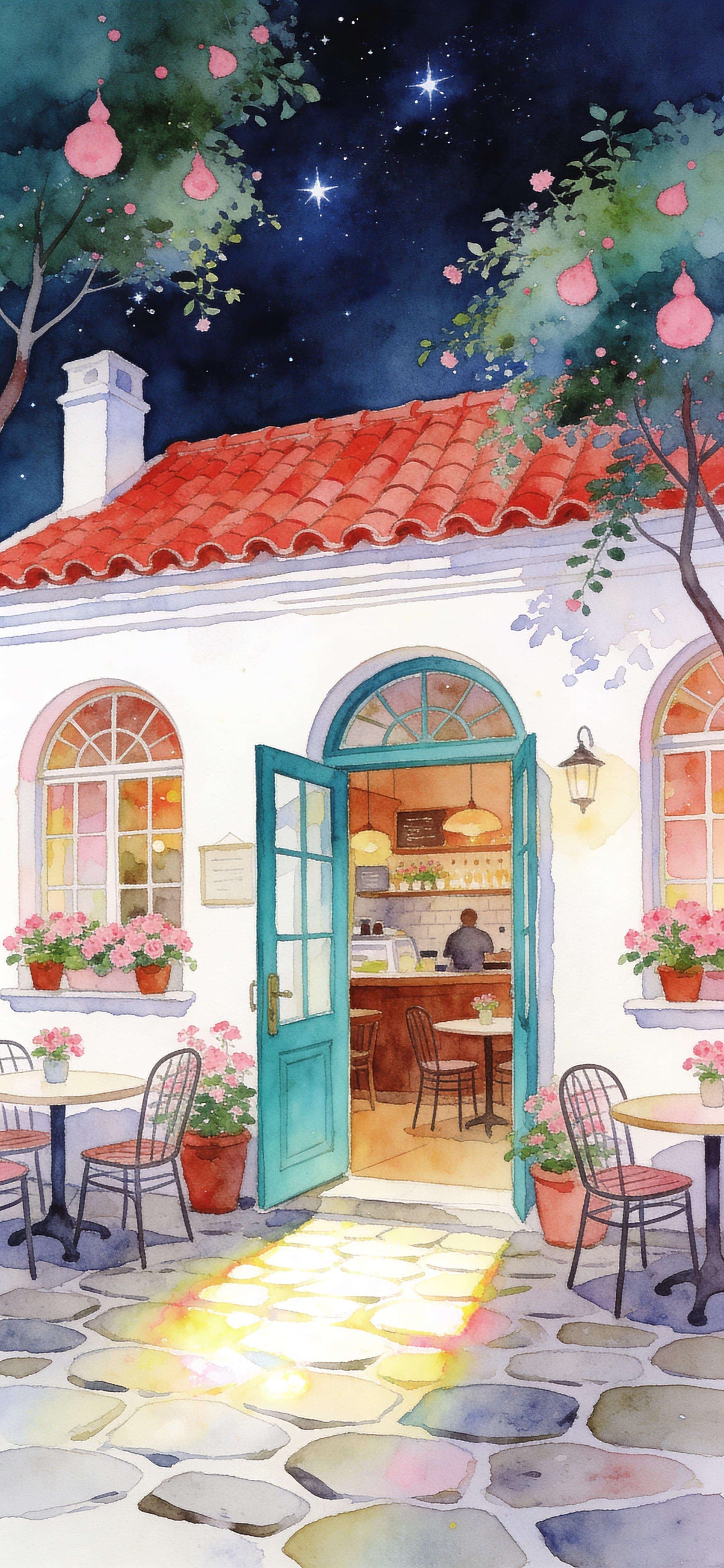 Cafe Watercolor Night - free phone wallpaper