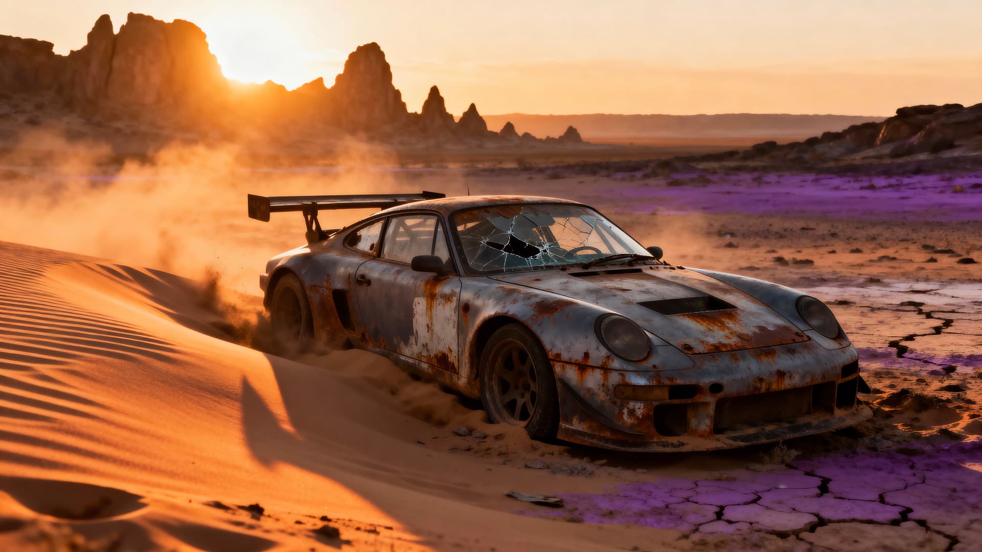 Desert Wreck Porsche - free desktop wallpaper