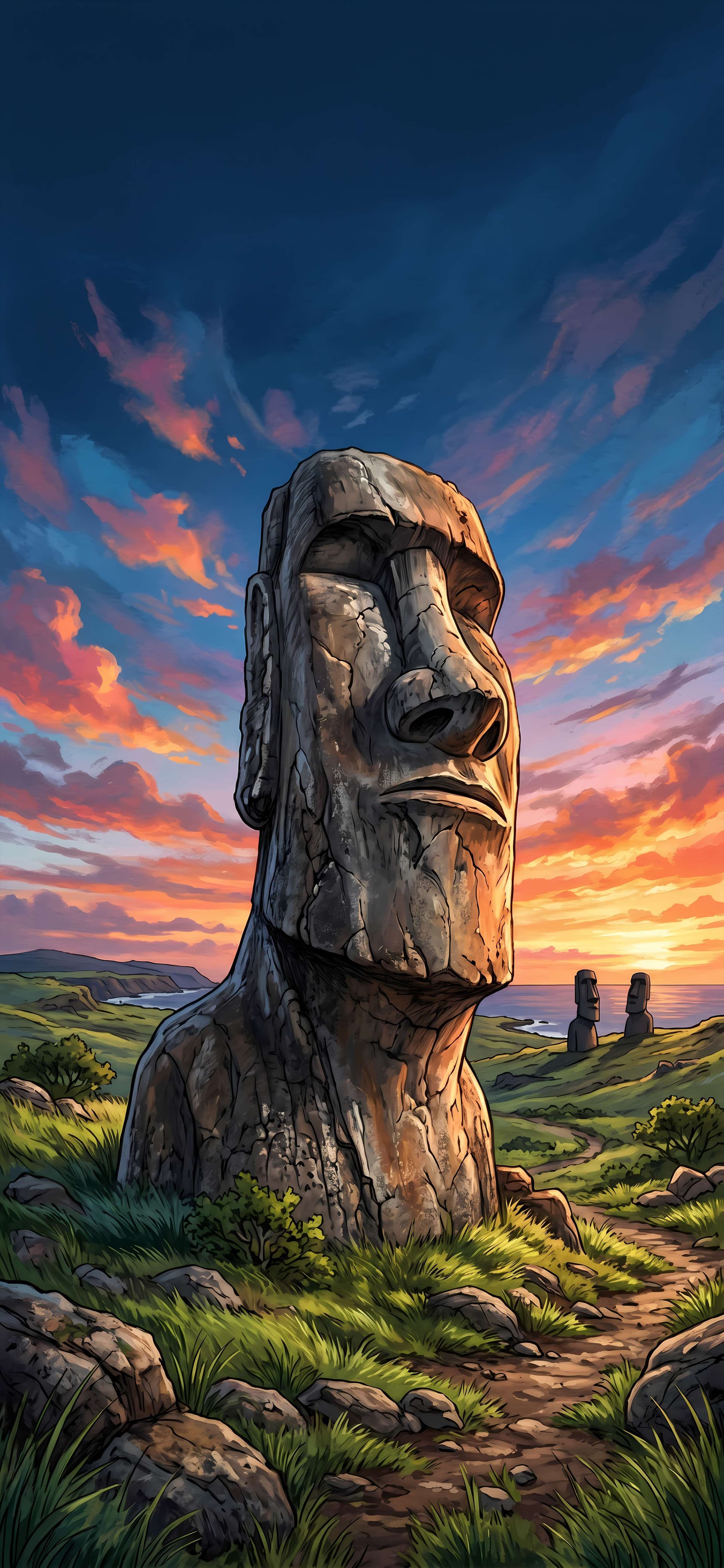 Moai Sunset Island - Pro phone wallpaper