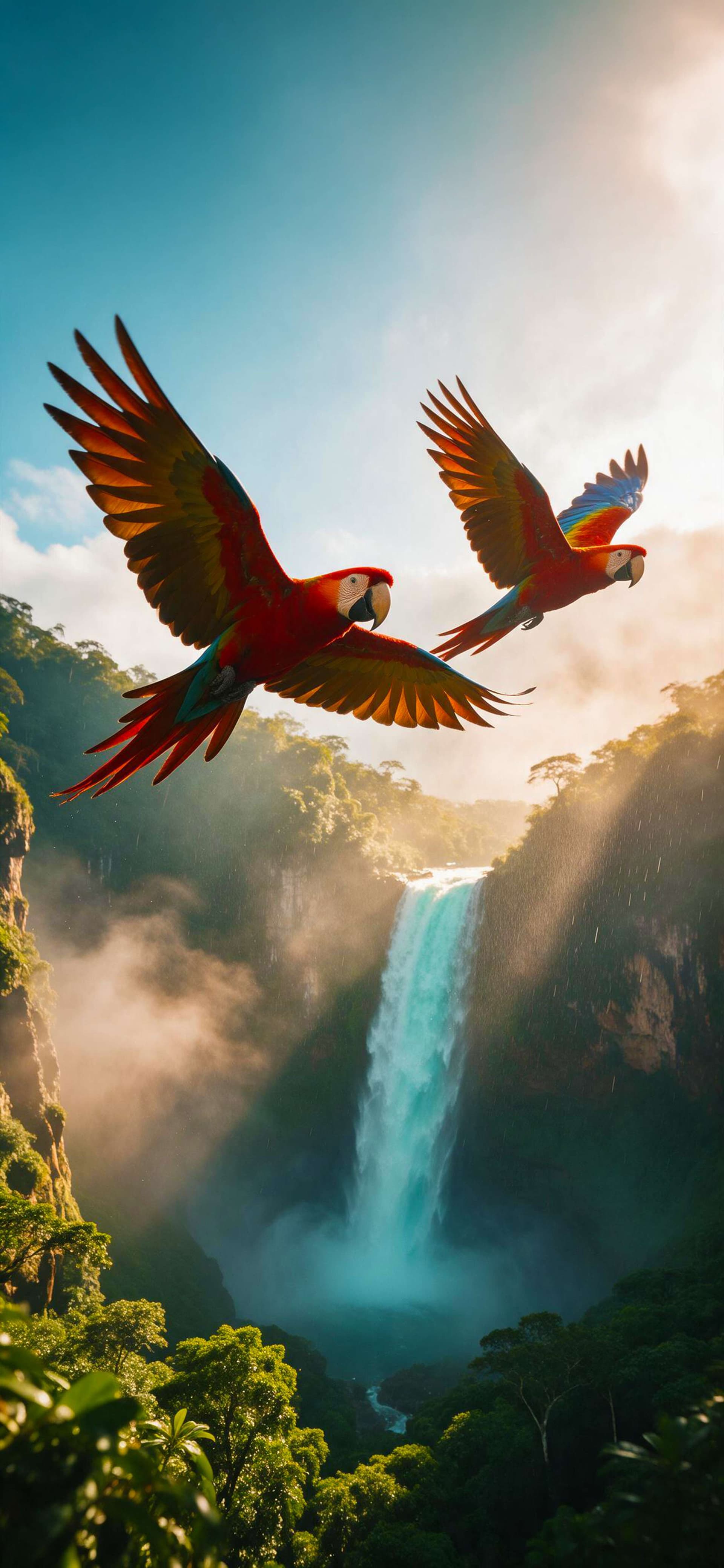 Parrots Over Waterfall - free phone wallpaper