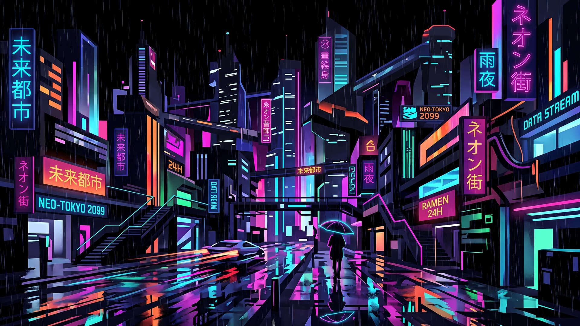 Neon Rain Tokyo - free desktop wallpaper