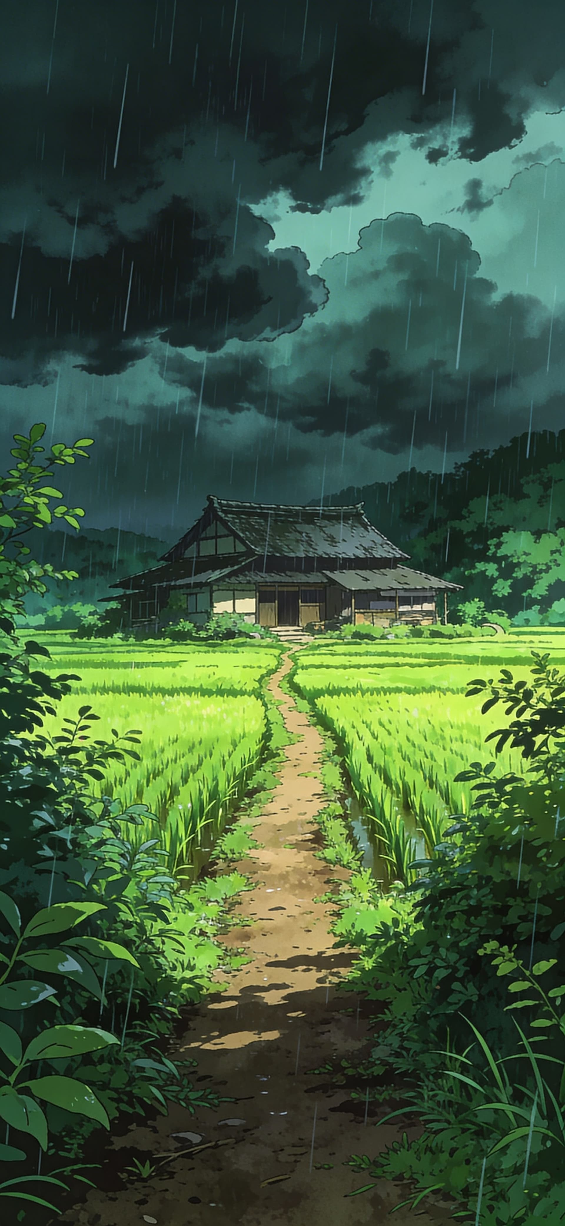 Rainy Rice Field - Pro phone wallpaper