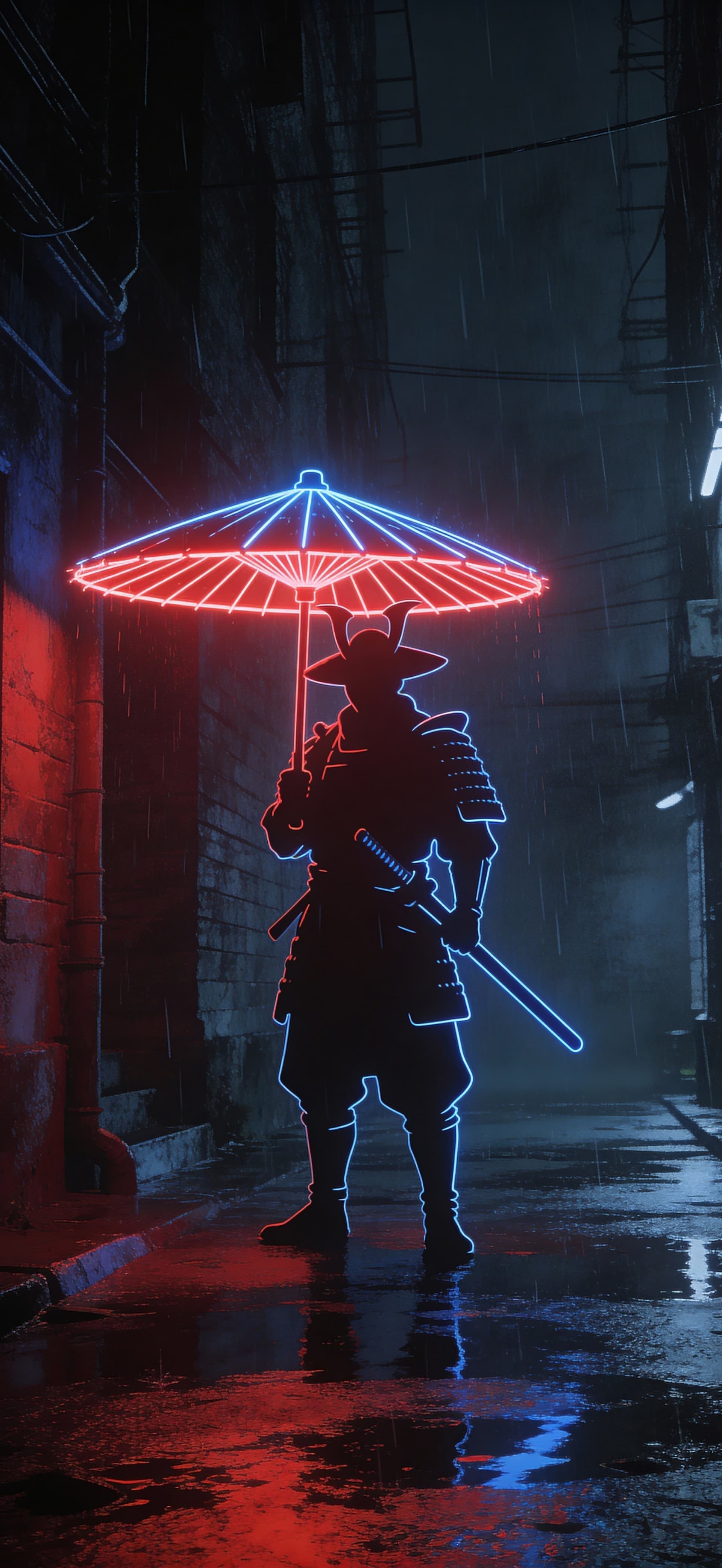 Neon Samurai Rain - Pro phone wallpaper
