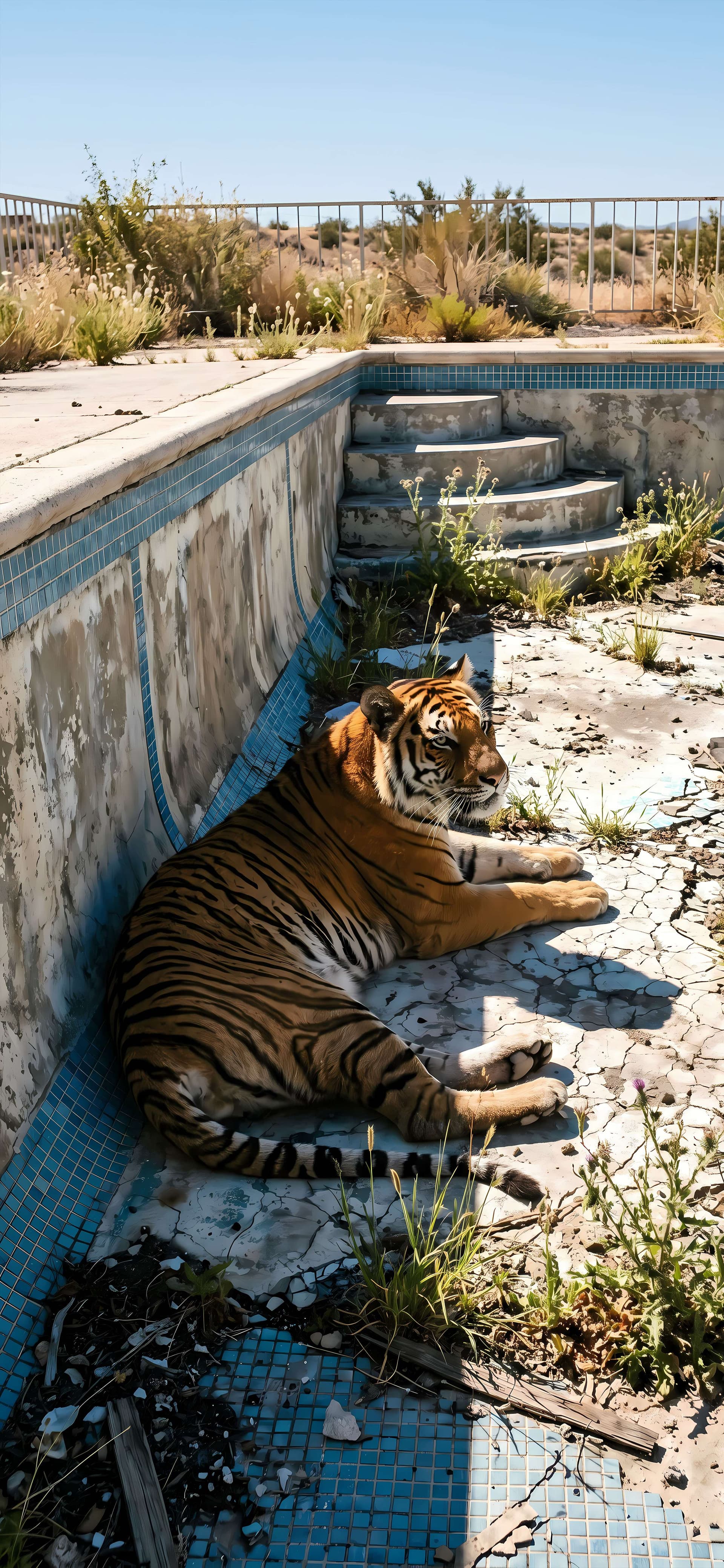 Abandoned Pool Tiger - free phone wallpaper