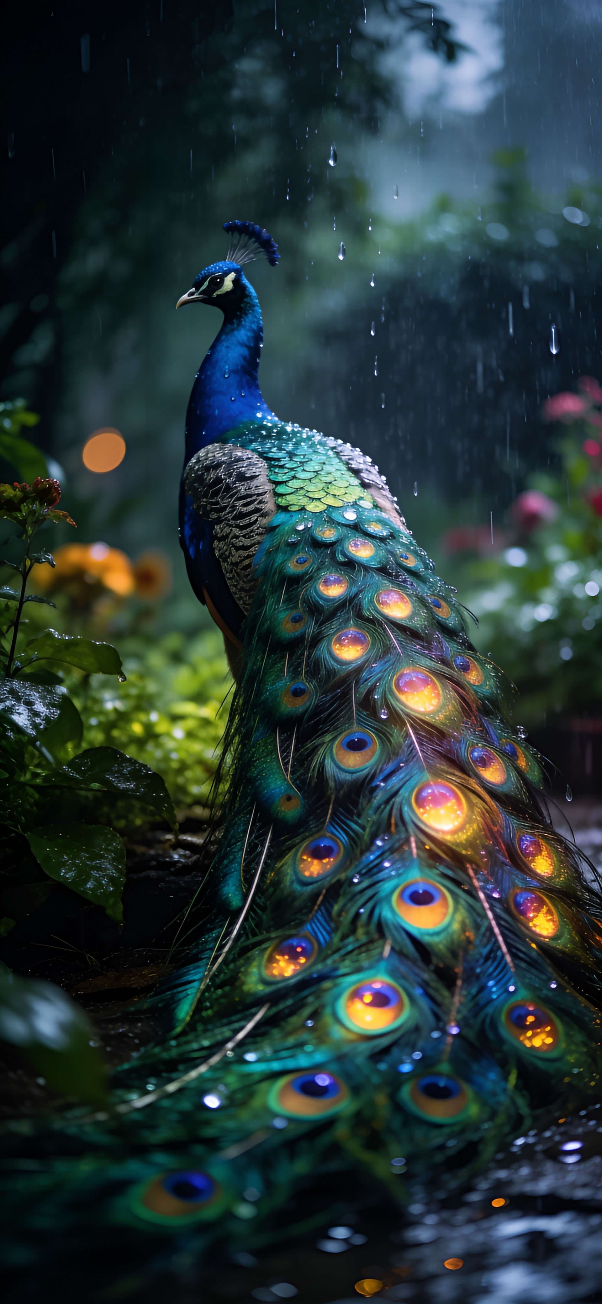 Rainy Peacock Glow - free phone wallpaper