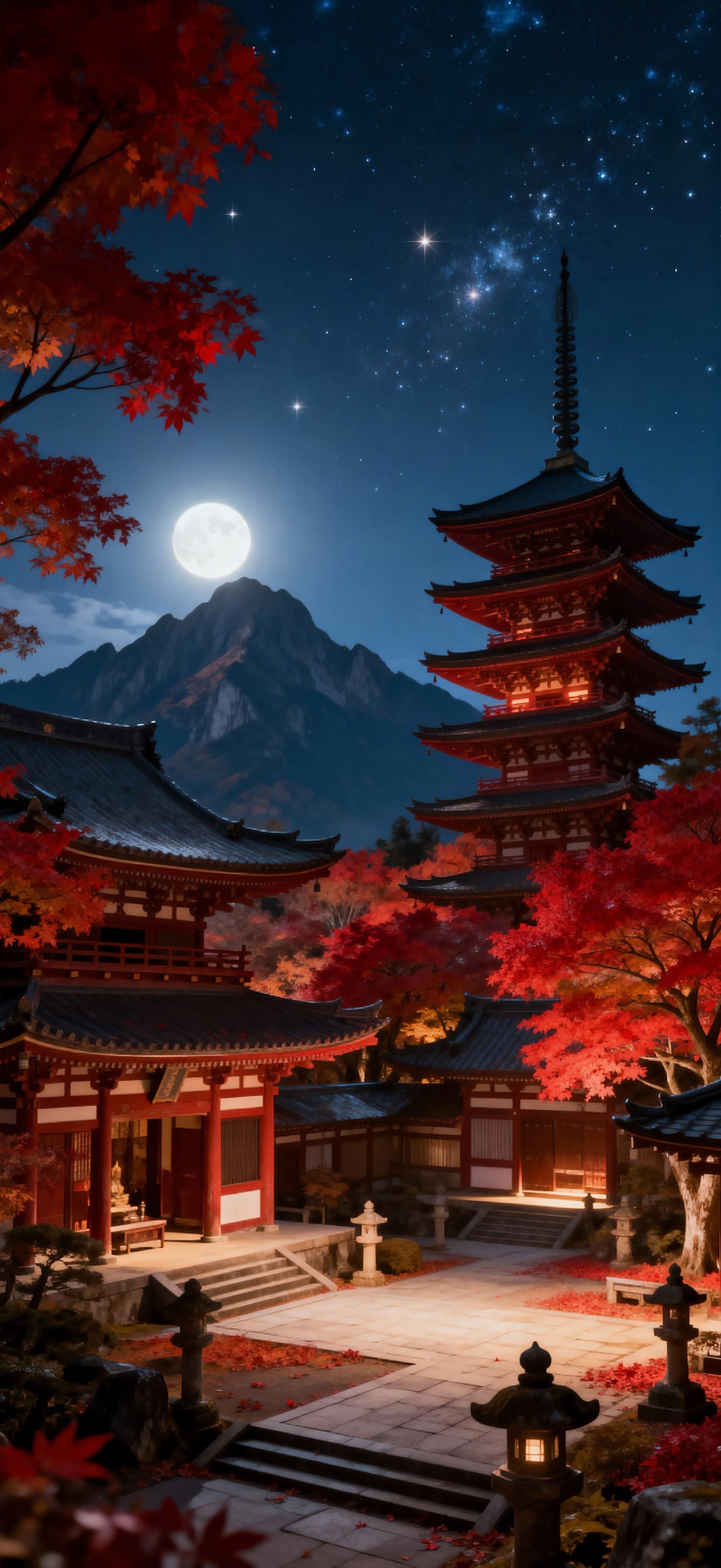 Moonlit Pagoda Garden 1 - free phone wallpaper