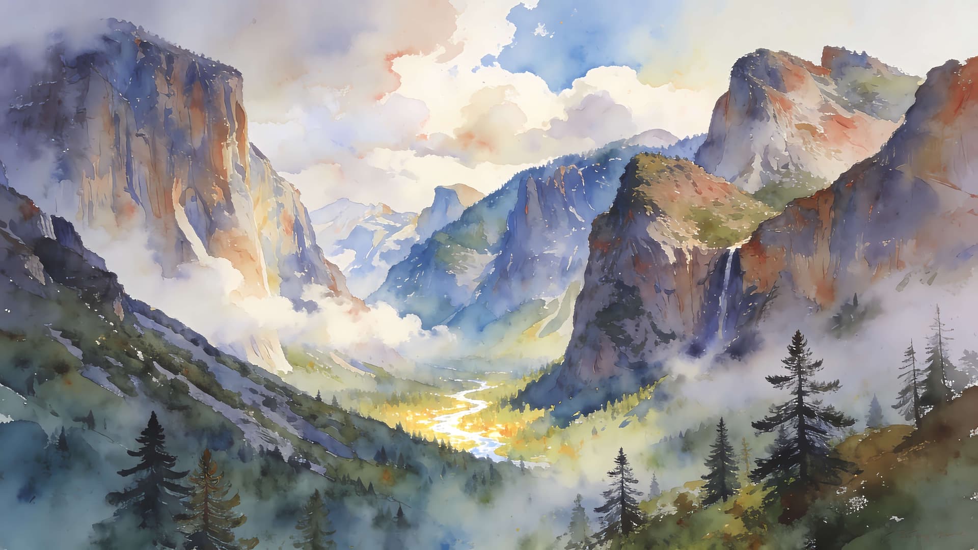 Watercolor Mountain Vista - free desktop wallpaper