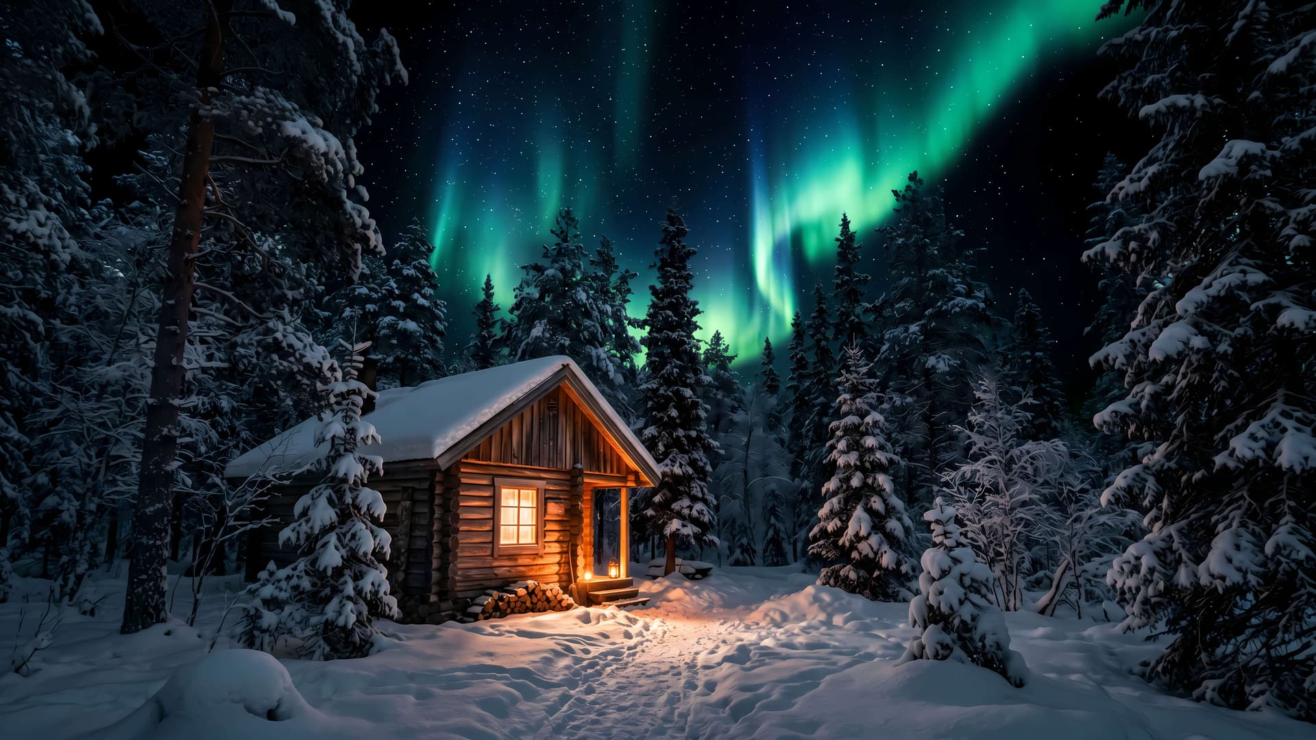Northern Lights Cabin - free desktop wallpaper