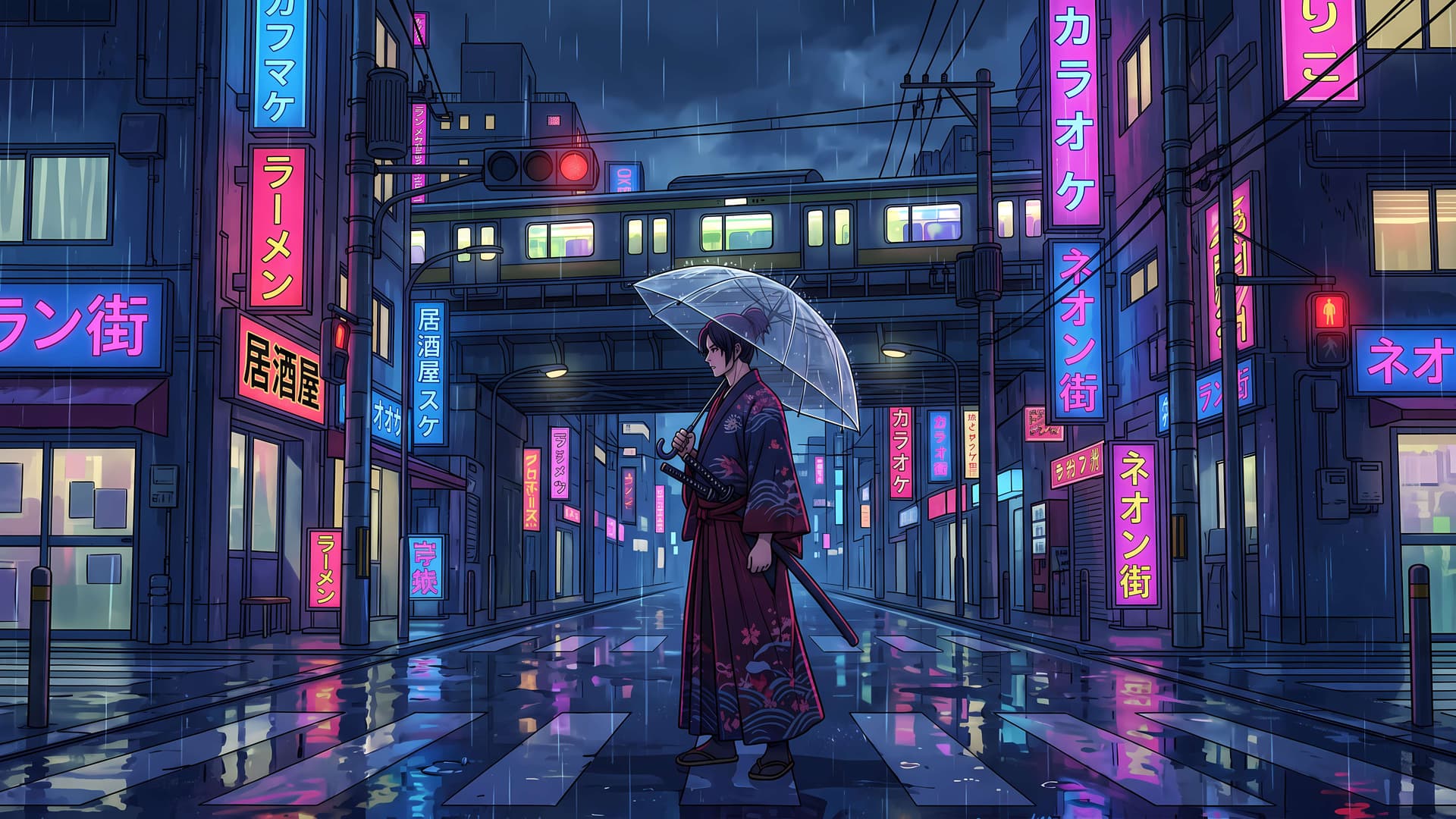 Samurai Neon Rain - free desktop wallpaper
